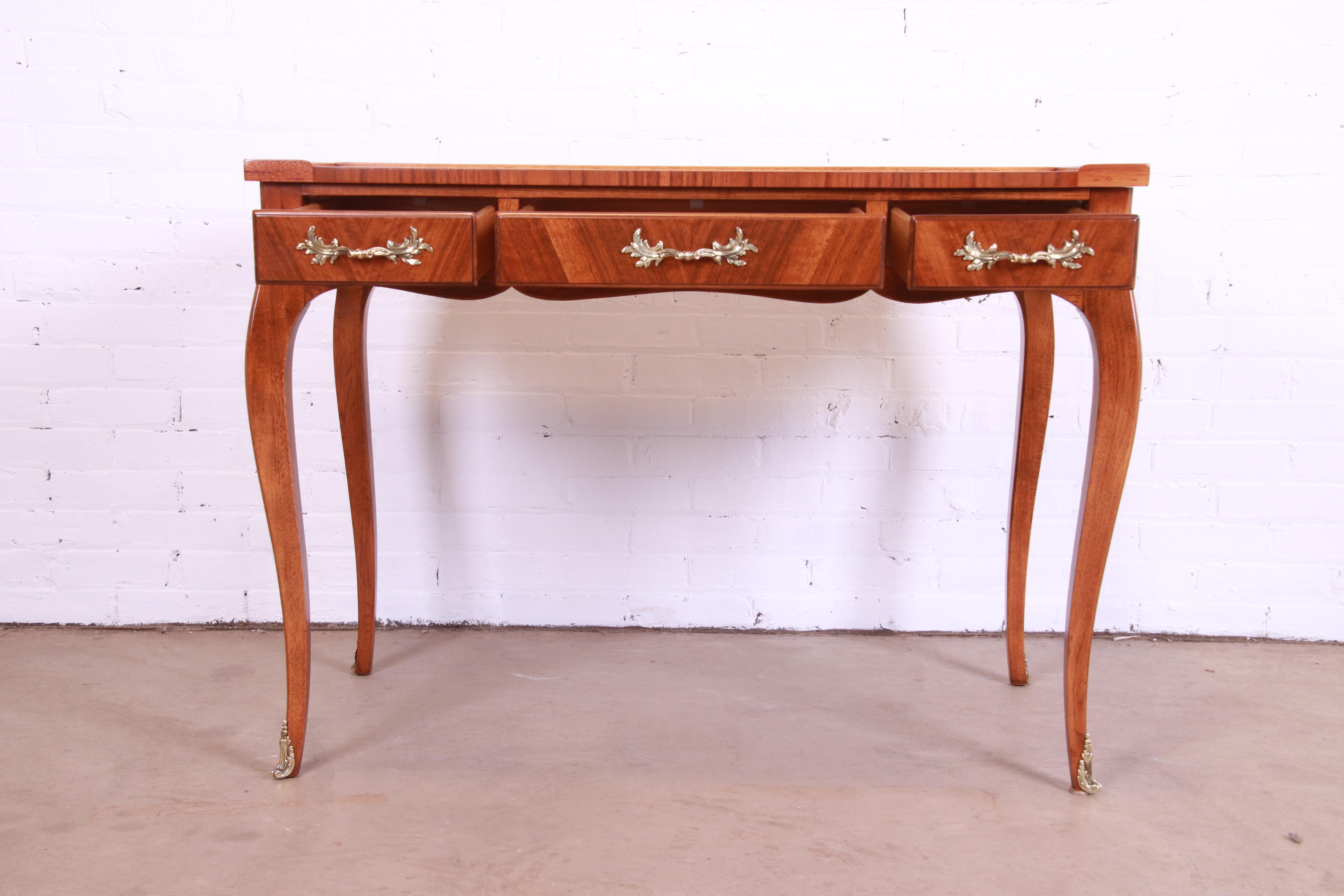 Brass Baker Furniture French Provincial Louis XV Walnut Writing Desk, Newly Refinished For Sale