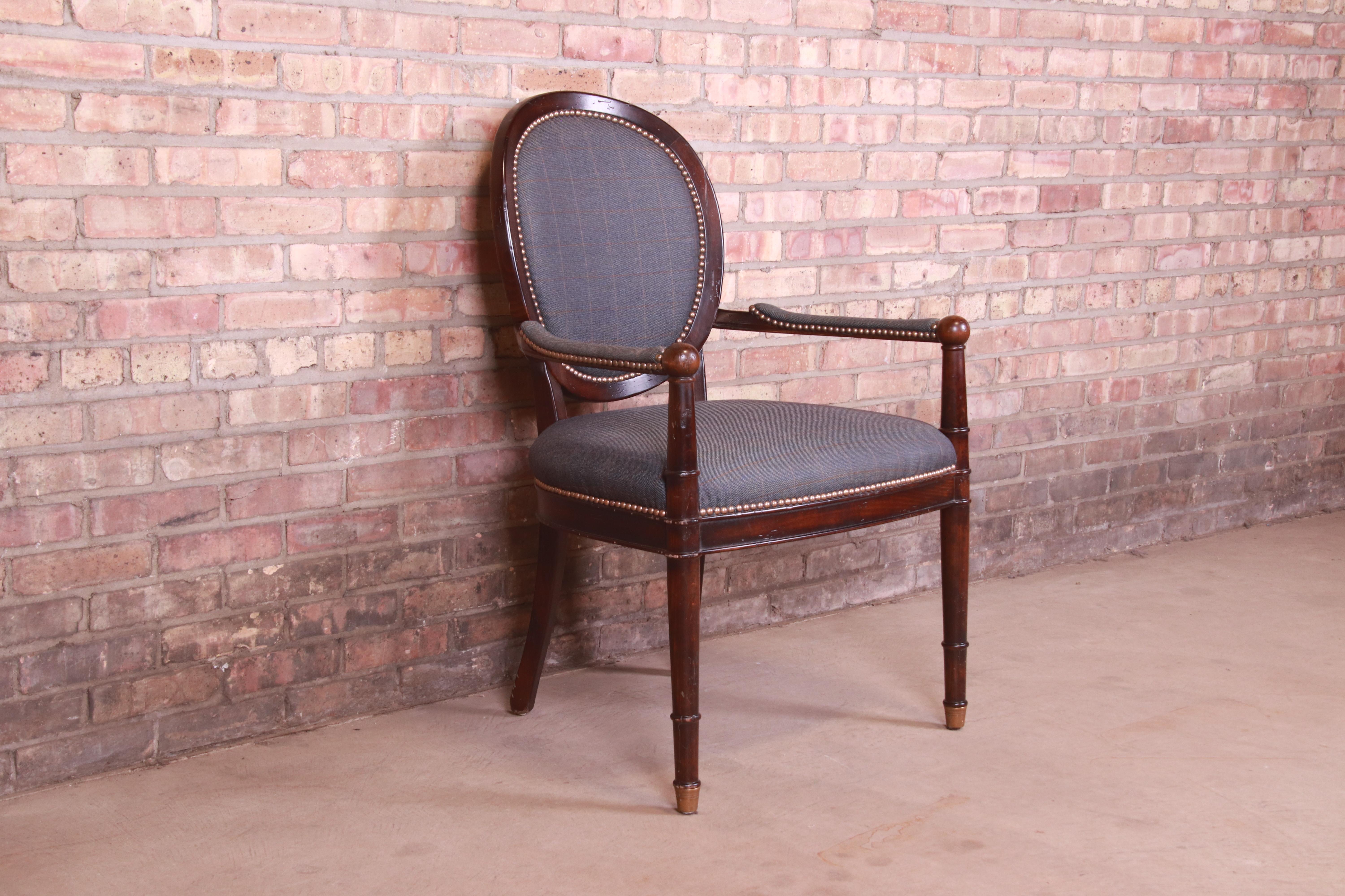 Brass Baker Furniture French Provincial Louis XVI Carved Walnut Fauteuil For Sale