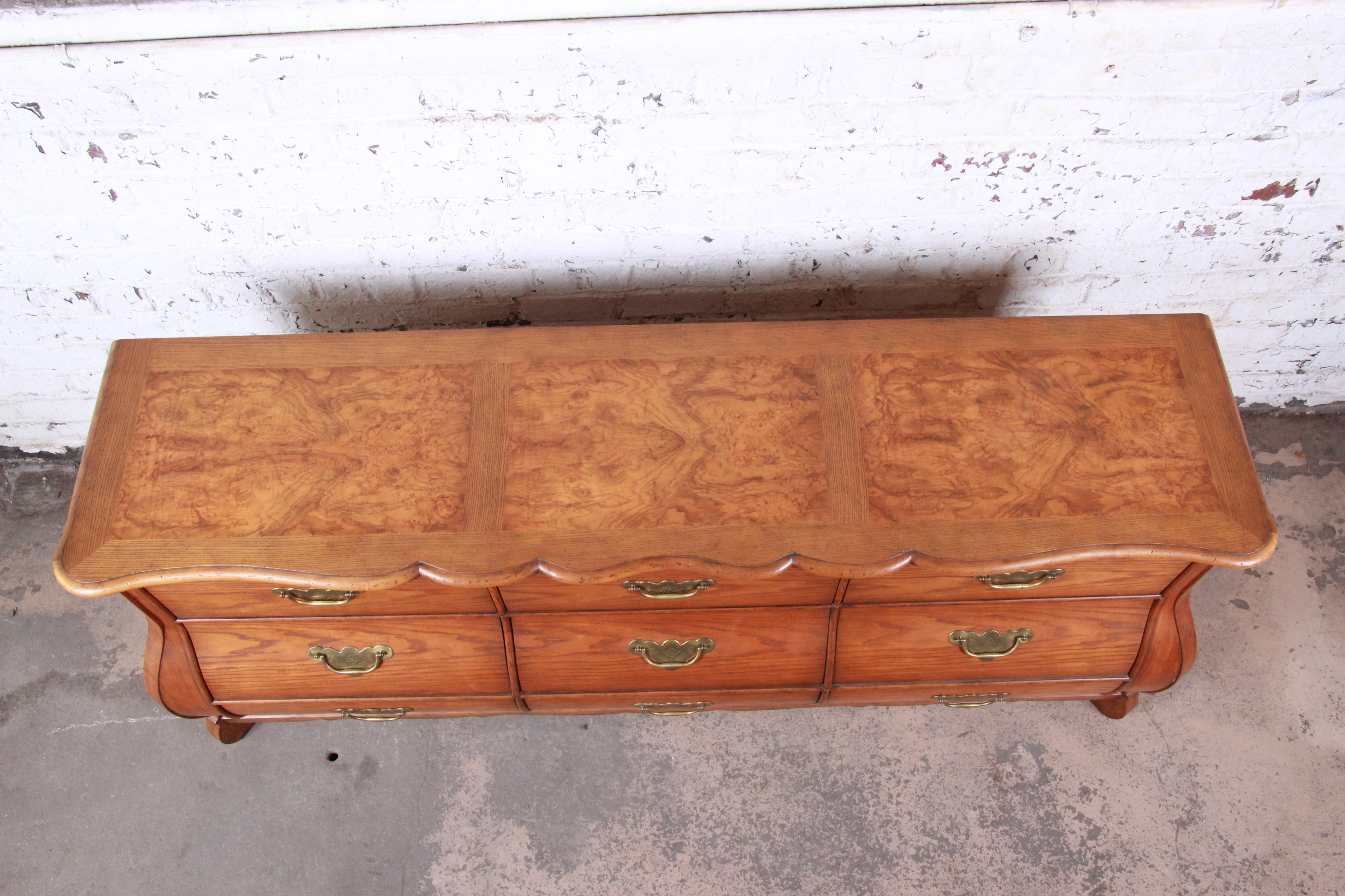 Brass Baker Furniture French Provincial Oak and Burl Wood Bombay Dresser or Credenza