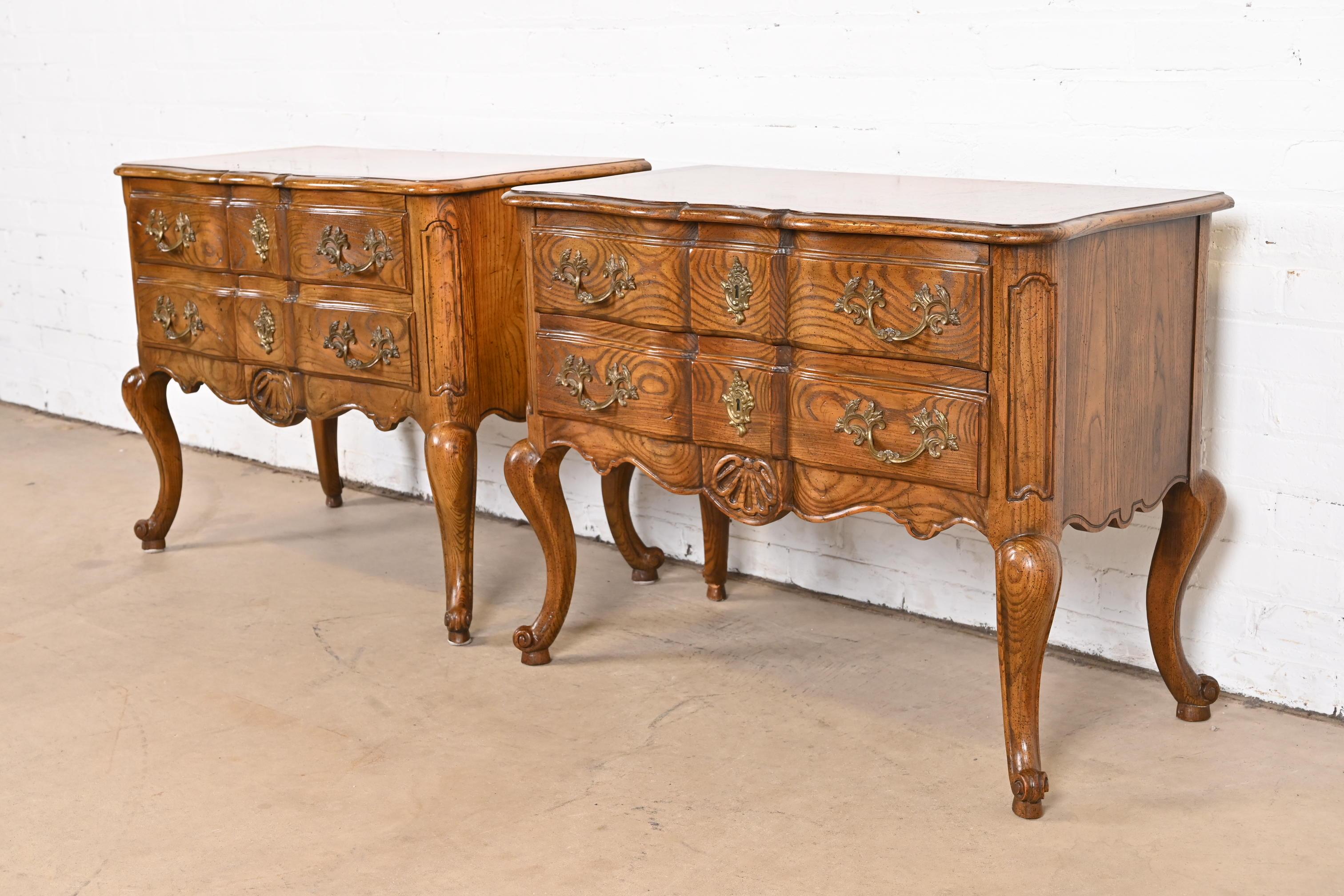 American Baker Furniture French Provincial Oak and Burl Wood Commodes or Bedside Chests For Sale