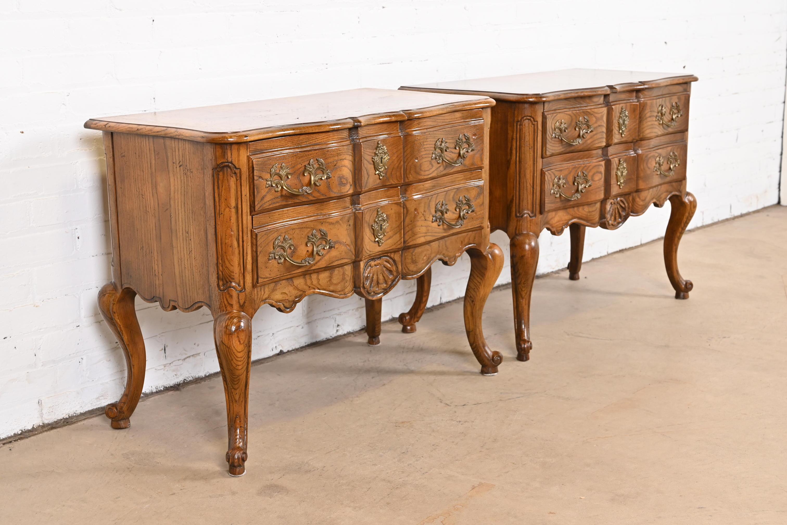 20th Century Baker Furniture French Provincial Oak and Burl Wood Commodes or Bedside Chests For Sale