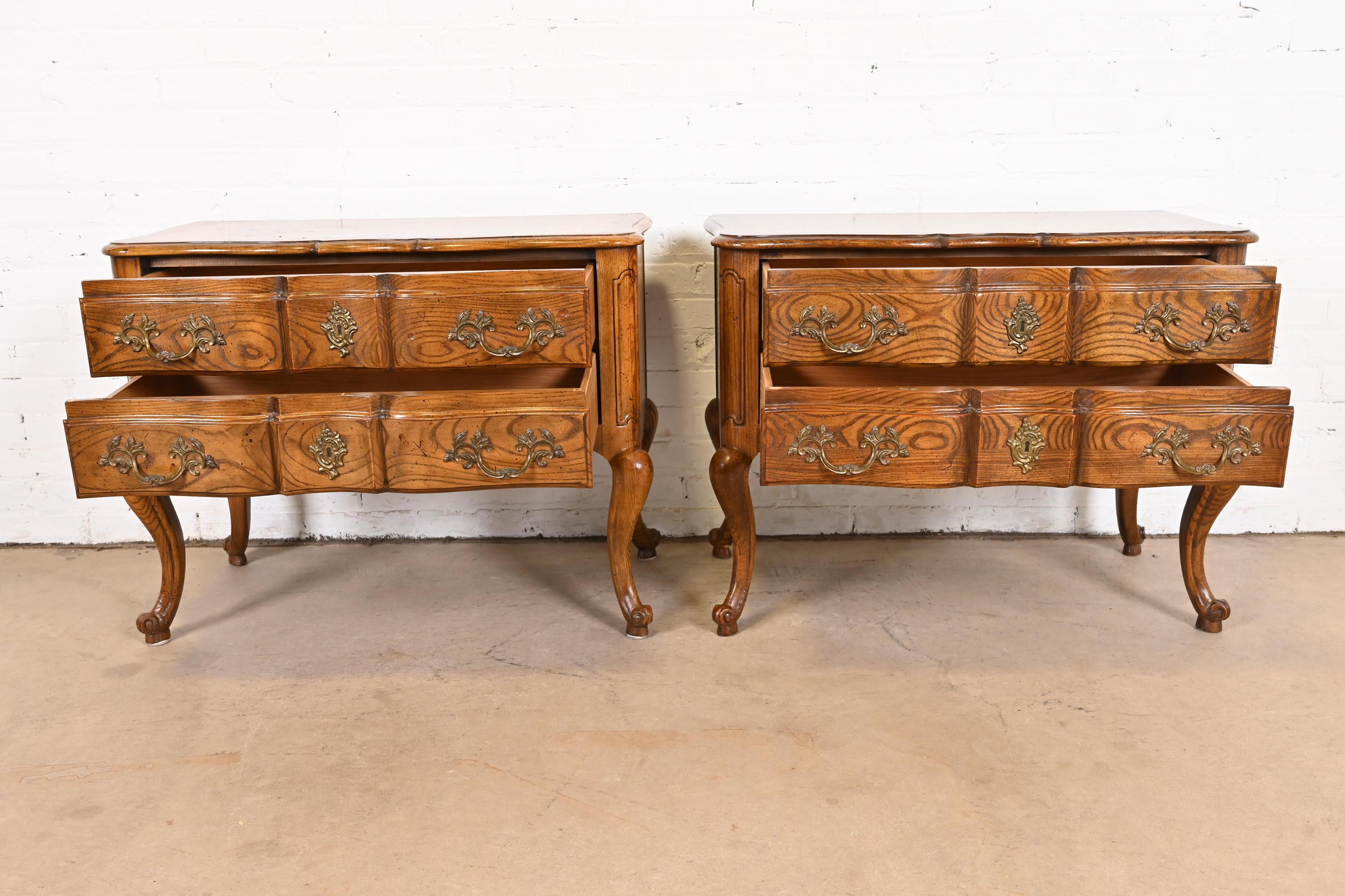 Brass Baker Furniture French Provincial Oak and Burl Wood Commodes or Bedside Chests For Sale