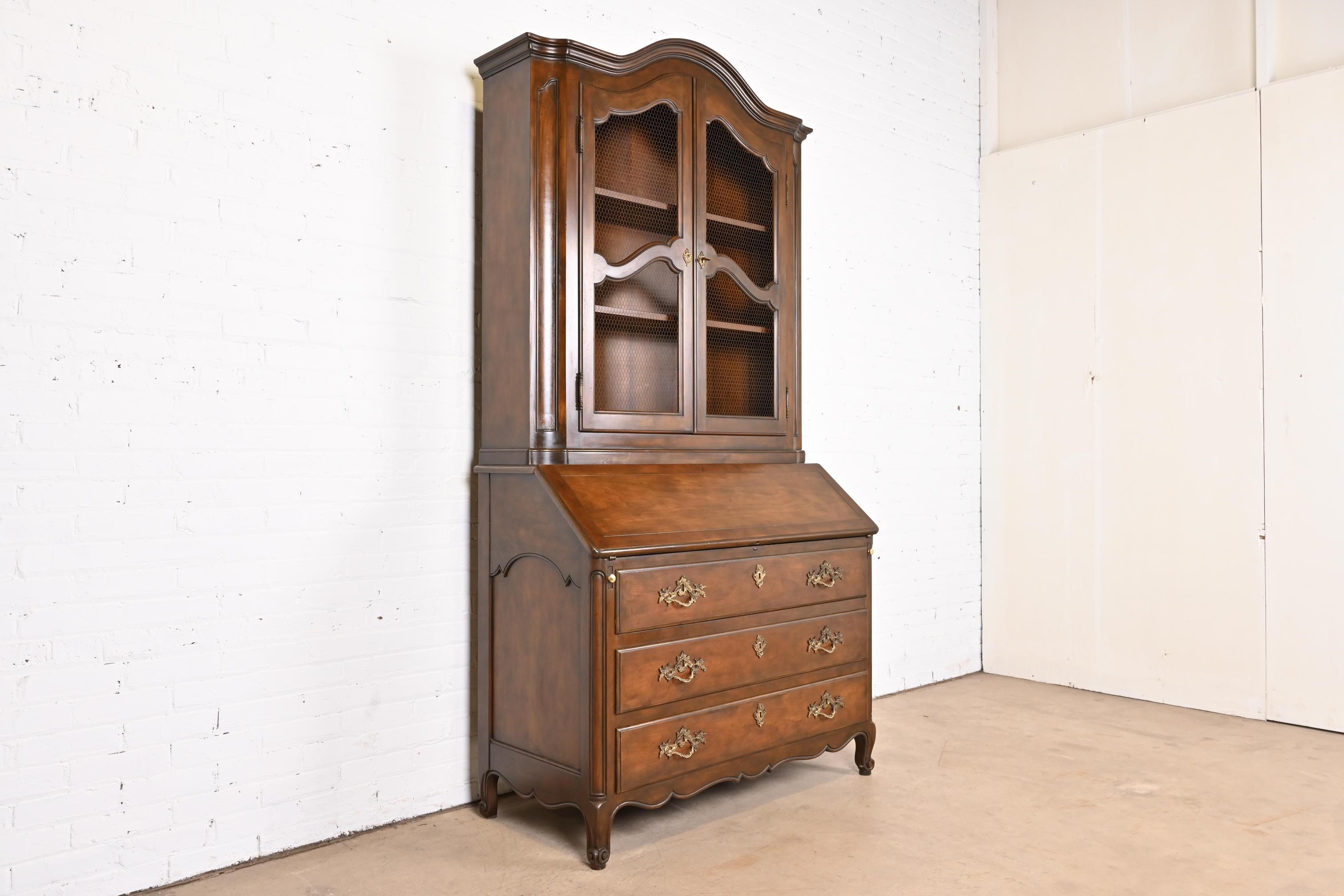 Baker Furniture French Provincial Walnut Secretary Desk With Bookcase Hutch In Good Condition For Sale In South Bend, IN