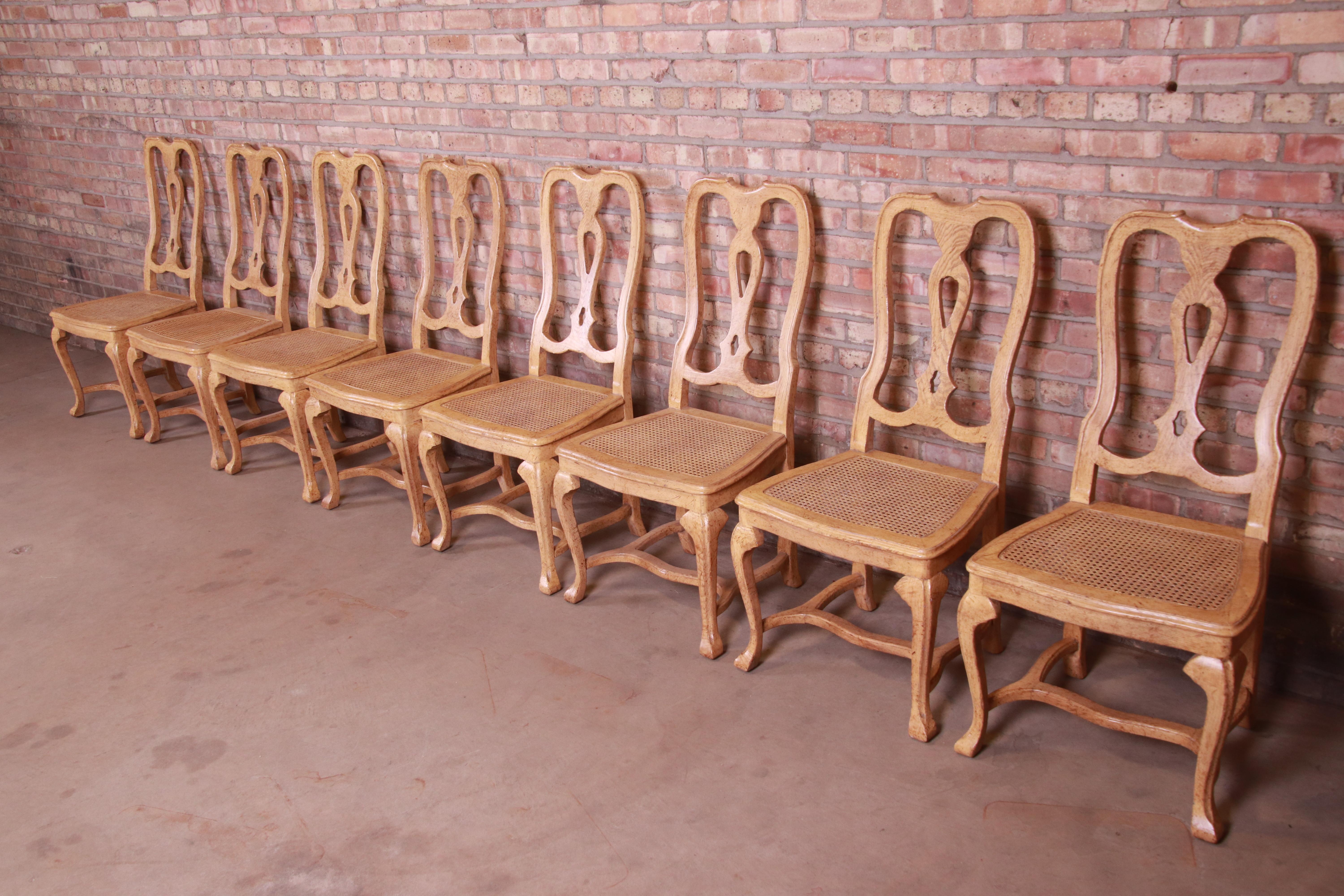 American Baker Furniture French Provincial White Oak and Cane Dining Chairs, Set of Eight
