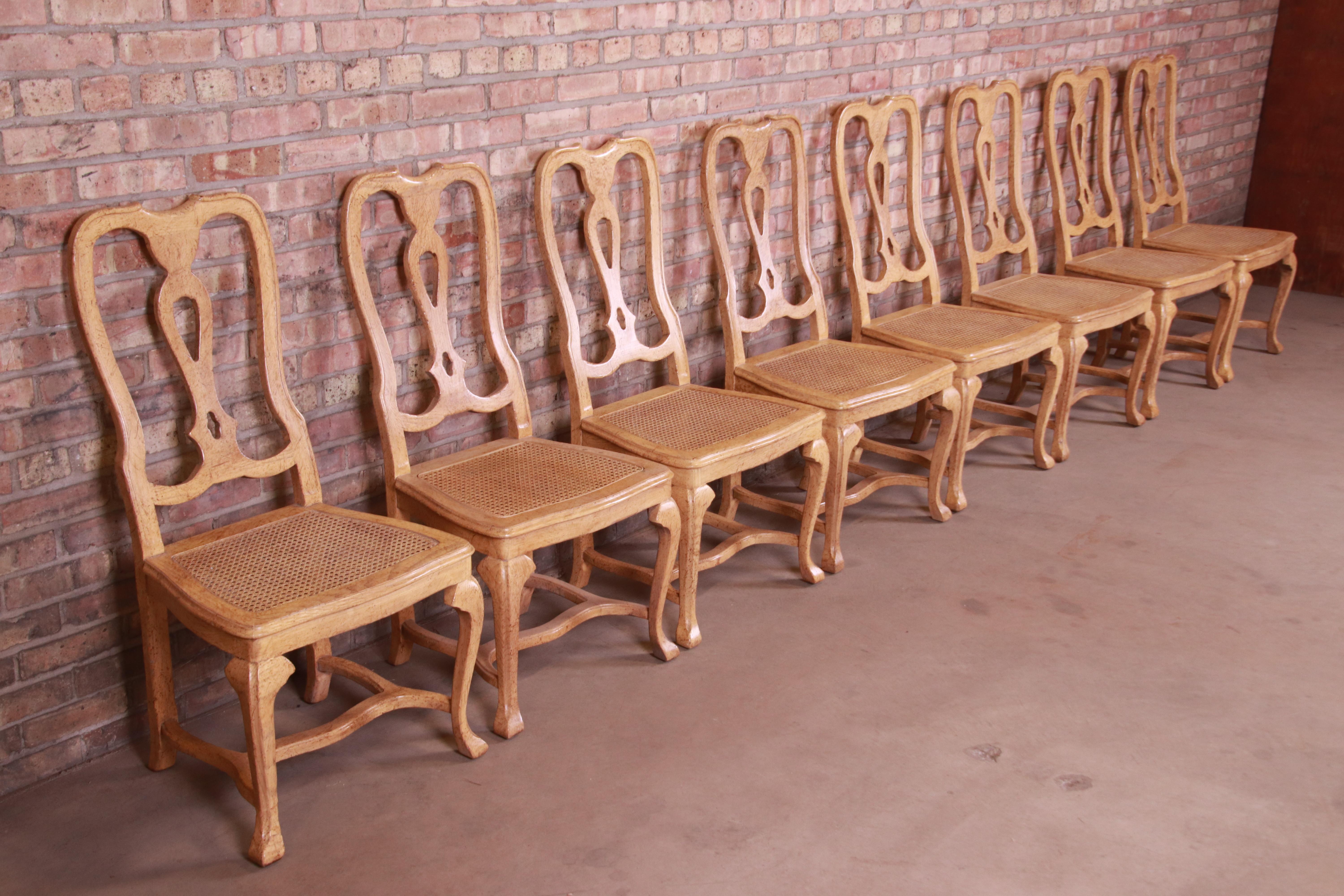 20th Century Baker Furniture French Provincial White Oak and Cane Dining Chairs, Set of Eight