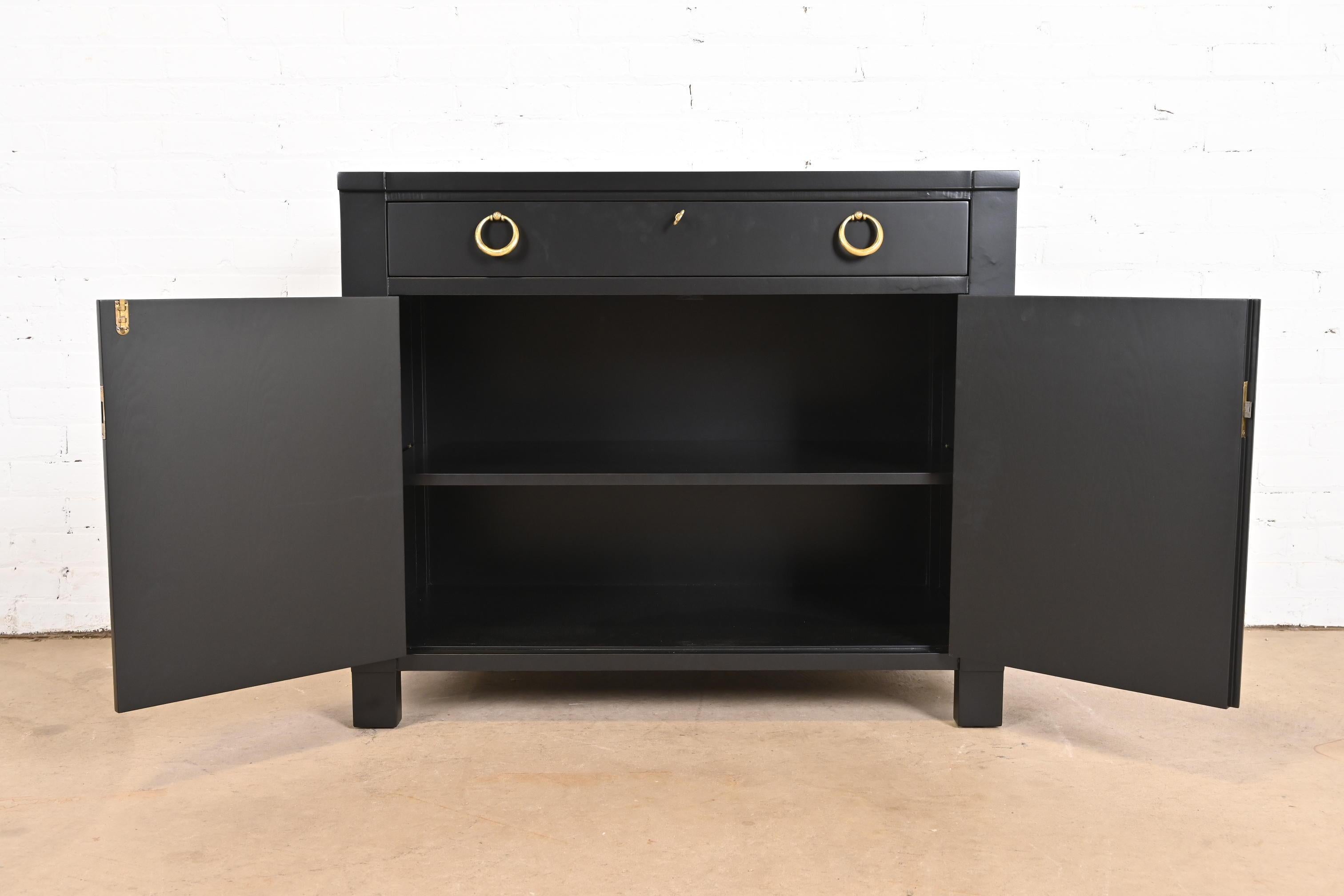 Baker Furniture French Regency Black Lacquered Bar Cabinet, Newly Refinished For Sale 5