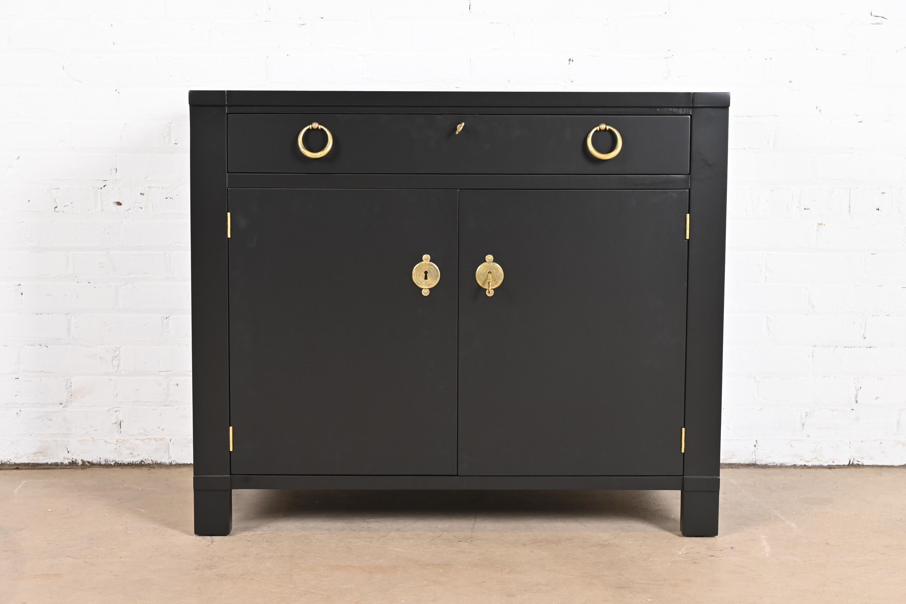 American Baker Furniture French Regency Black Lacquered Bar Cabinet, Newly Refinished For Sale