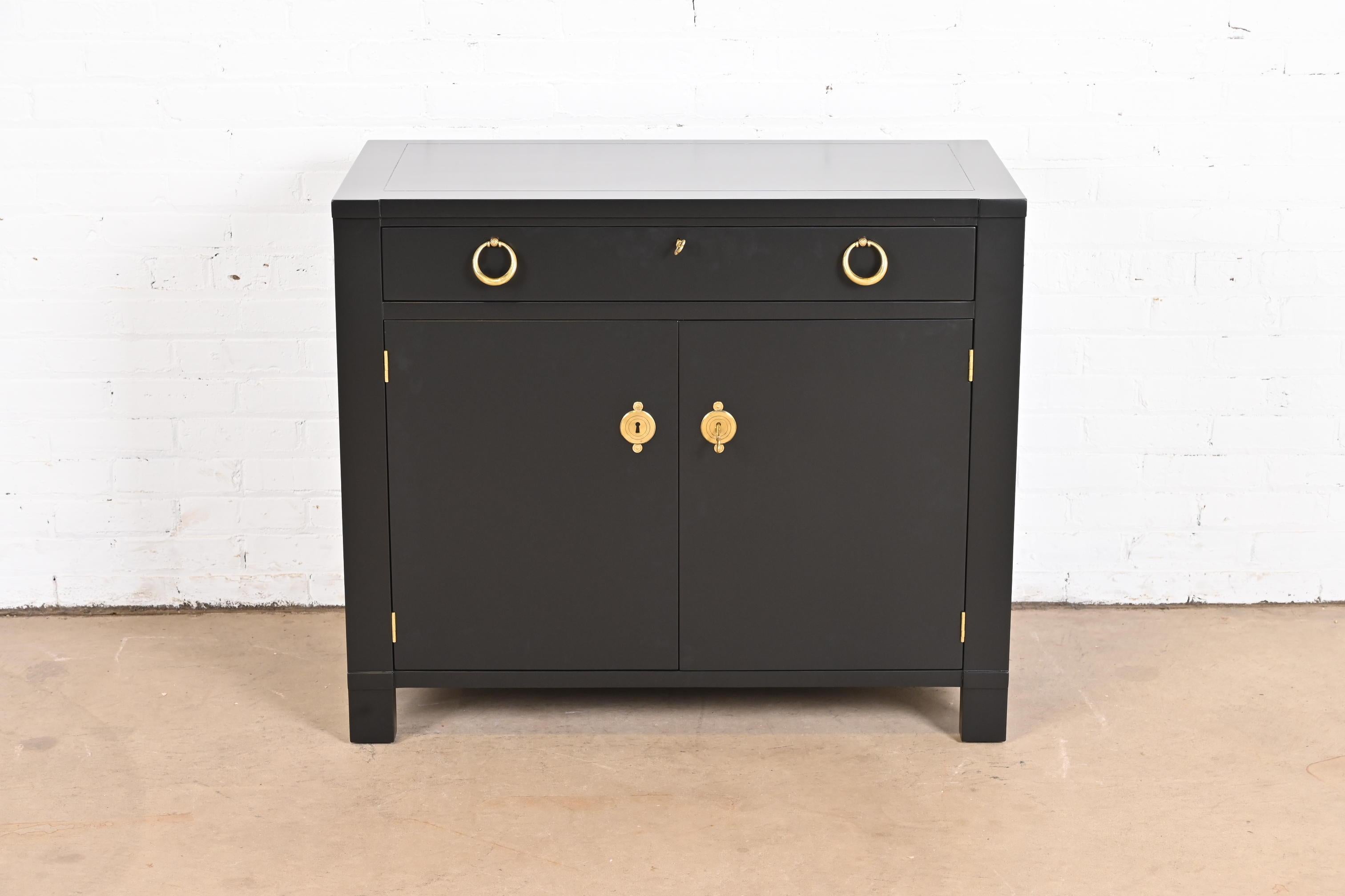 Baker Furniture French Regency Black Lacquered Bar Cabinet, Newly Refinished In Good Condition For Sale In South Bend, IN