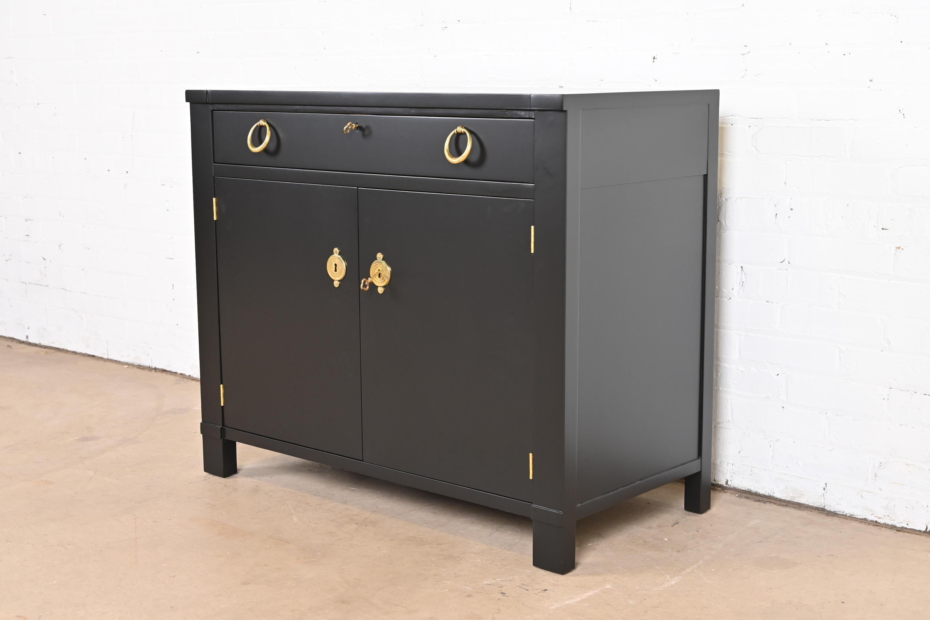 Brass Baker Furniture French Regency Black Lacquered Bar Cabinet, Newly Refinished For Sale