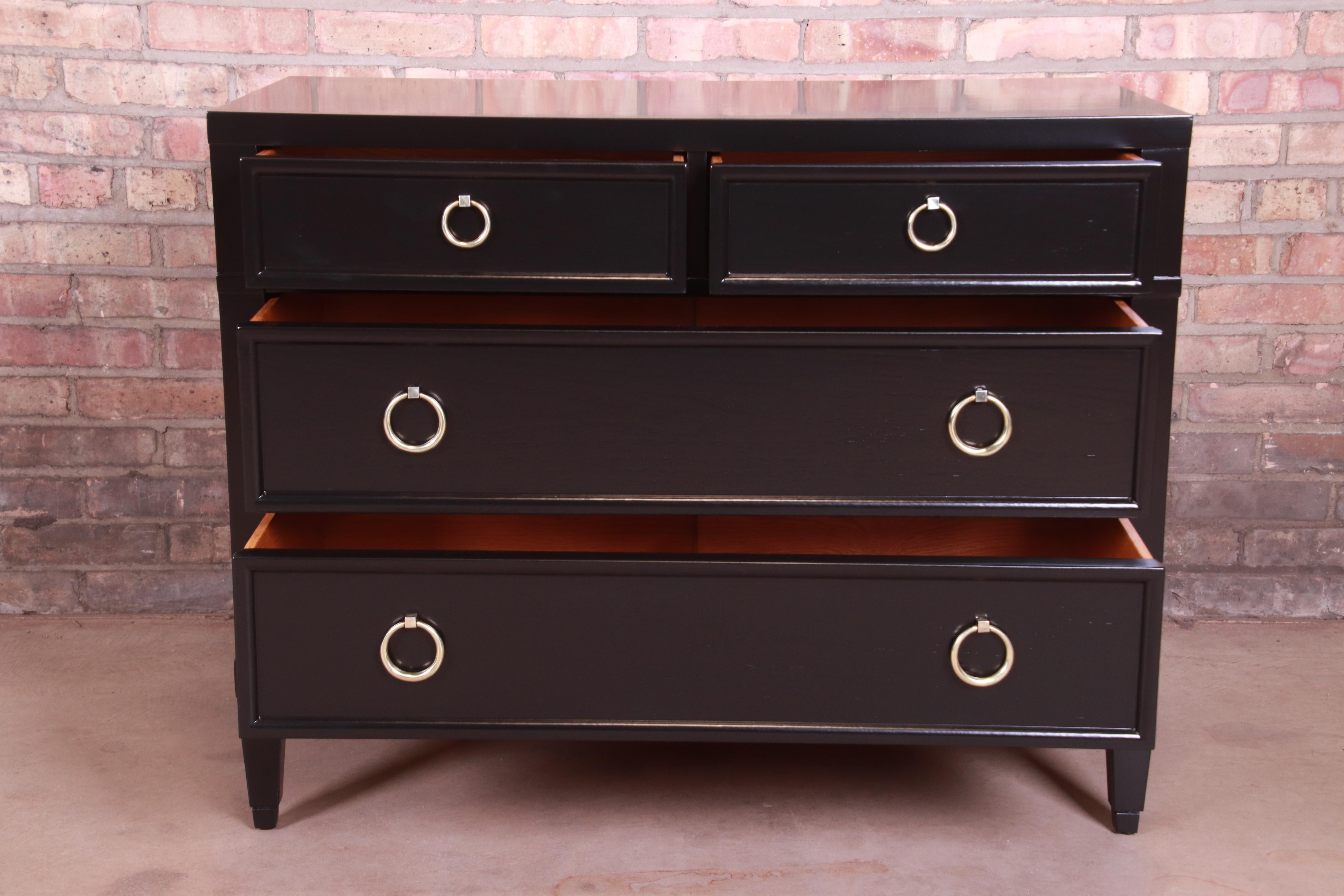 Brass Baker Furniture French Regency Black Lacquered Chest of Drawers, Refinished