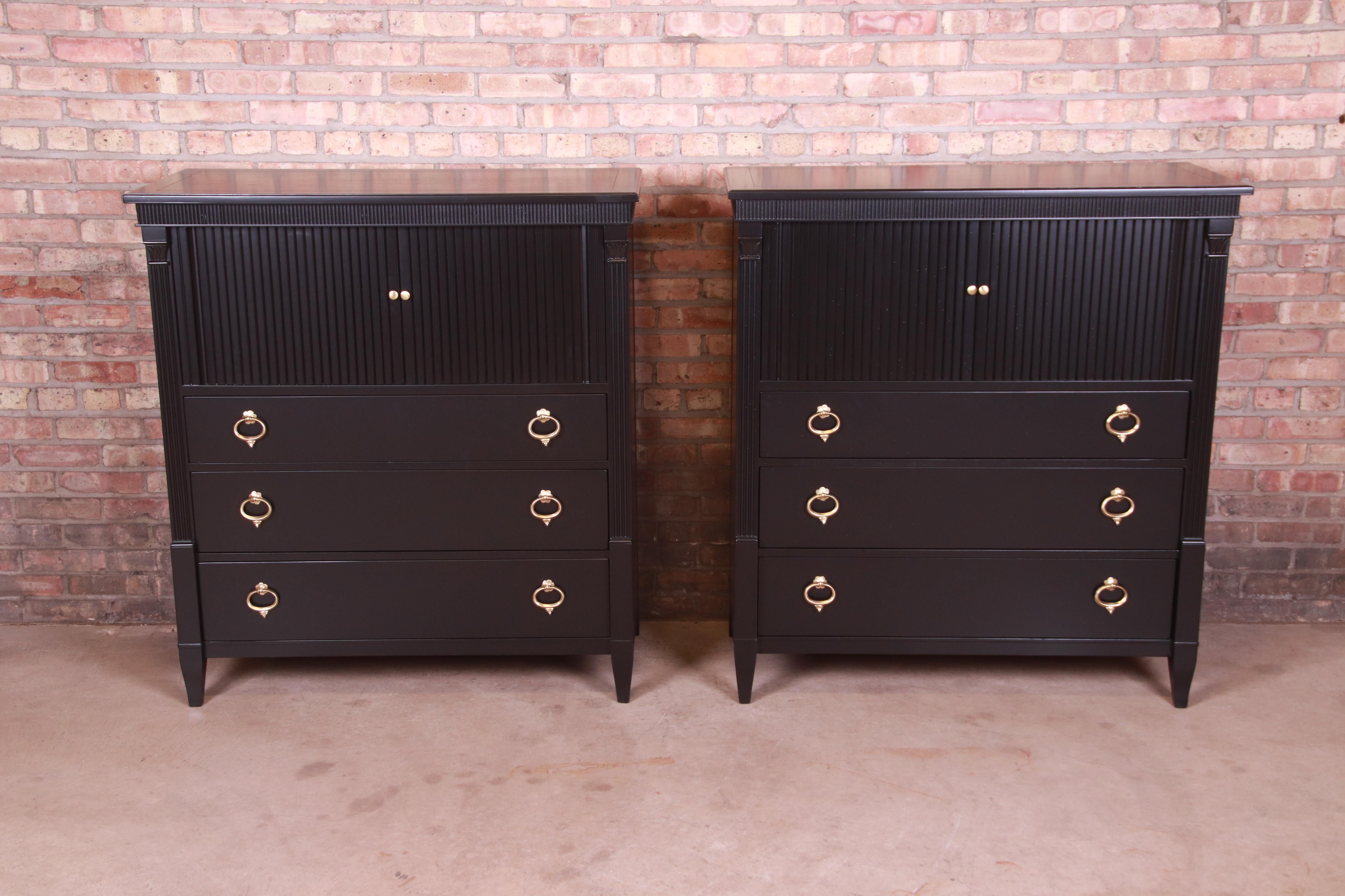 American Baker Furniture French Regency Black Lacquered Gentleman's Chests, Pair