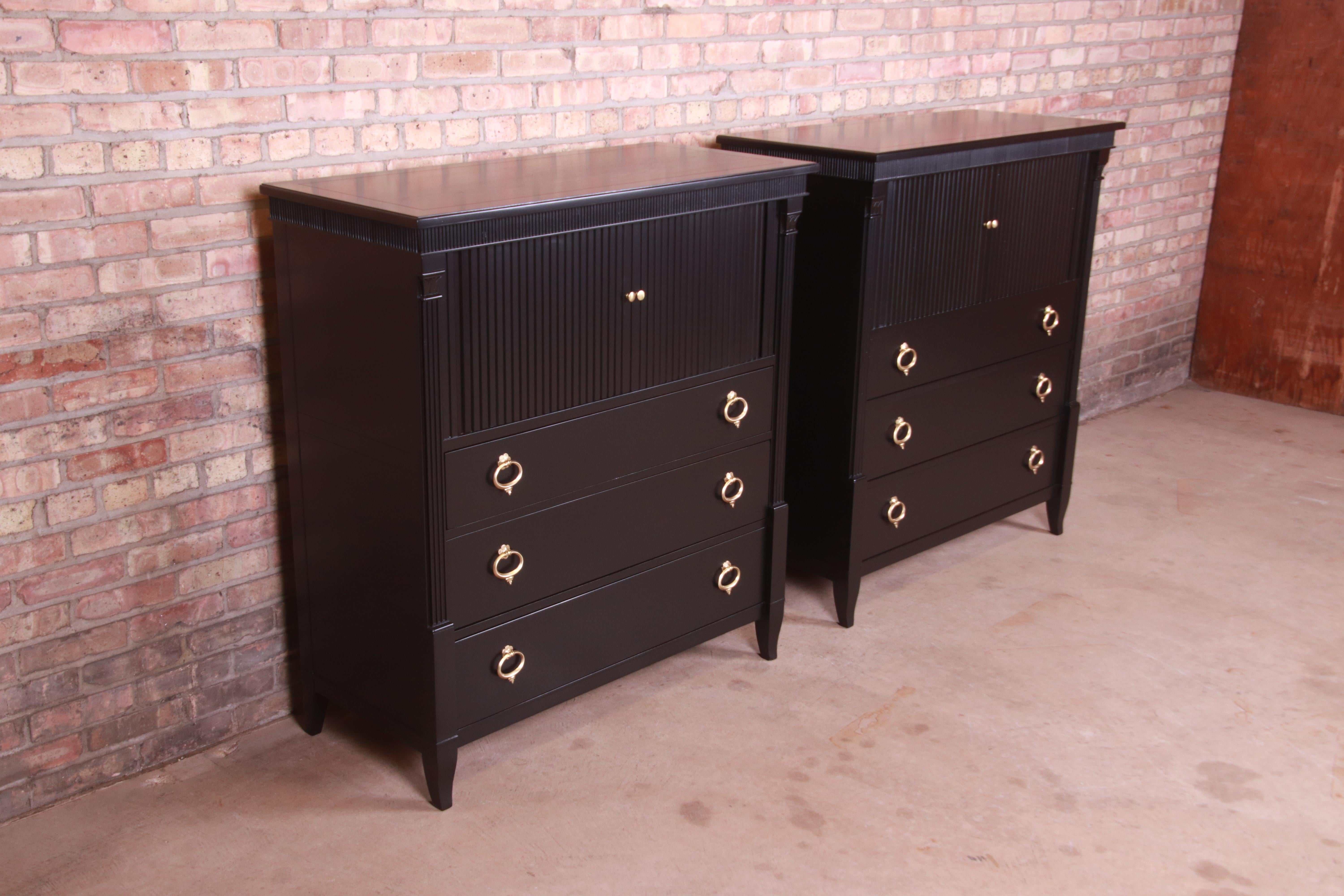Baker Furniture French Regency Black Lacquered Gentleman's Chests, Pair In Good Condition In South Bend, IN