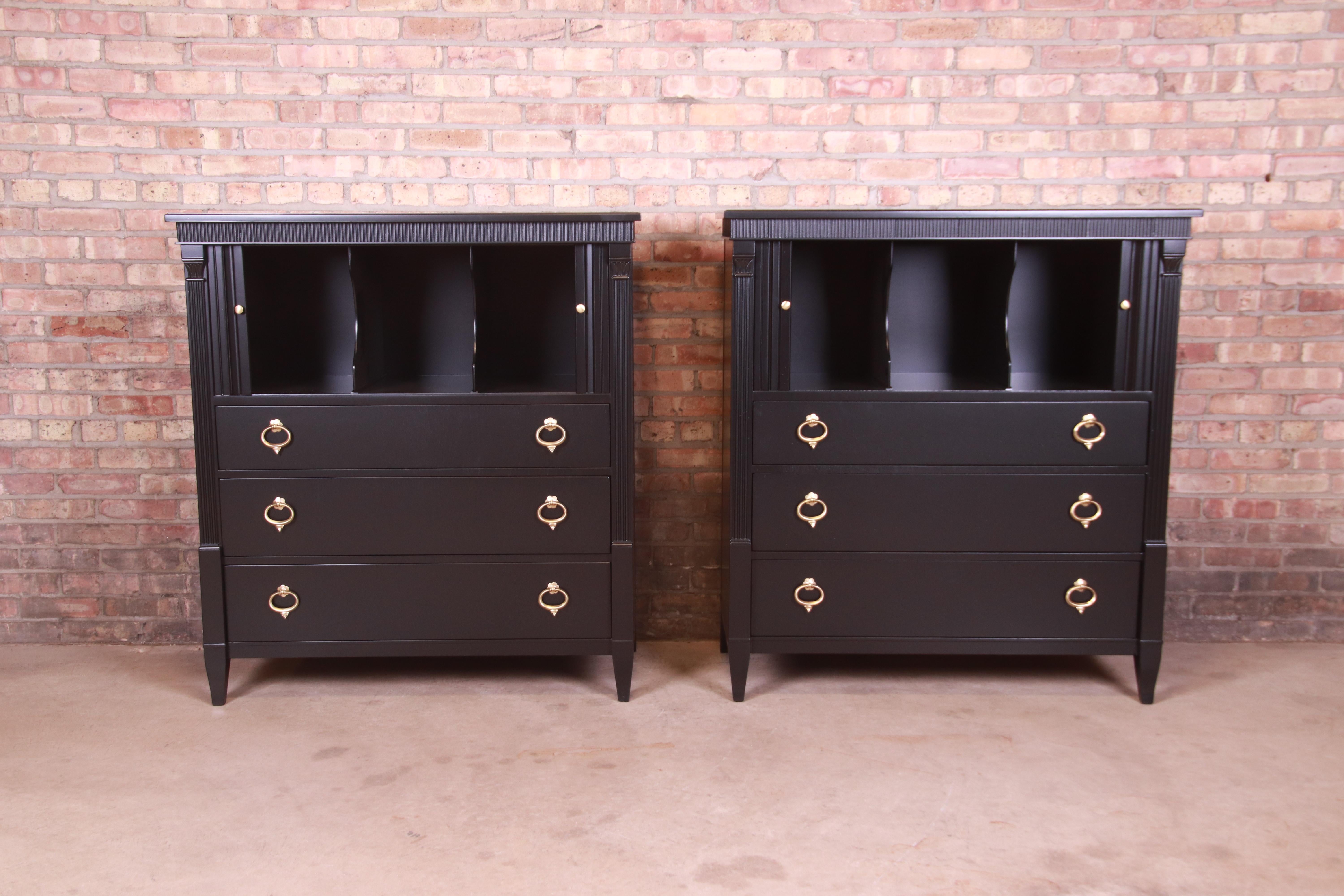 Brass Baker Furniture French Regency Black Lacquered Gentleman's Chests, Pair