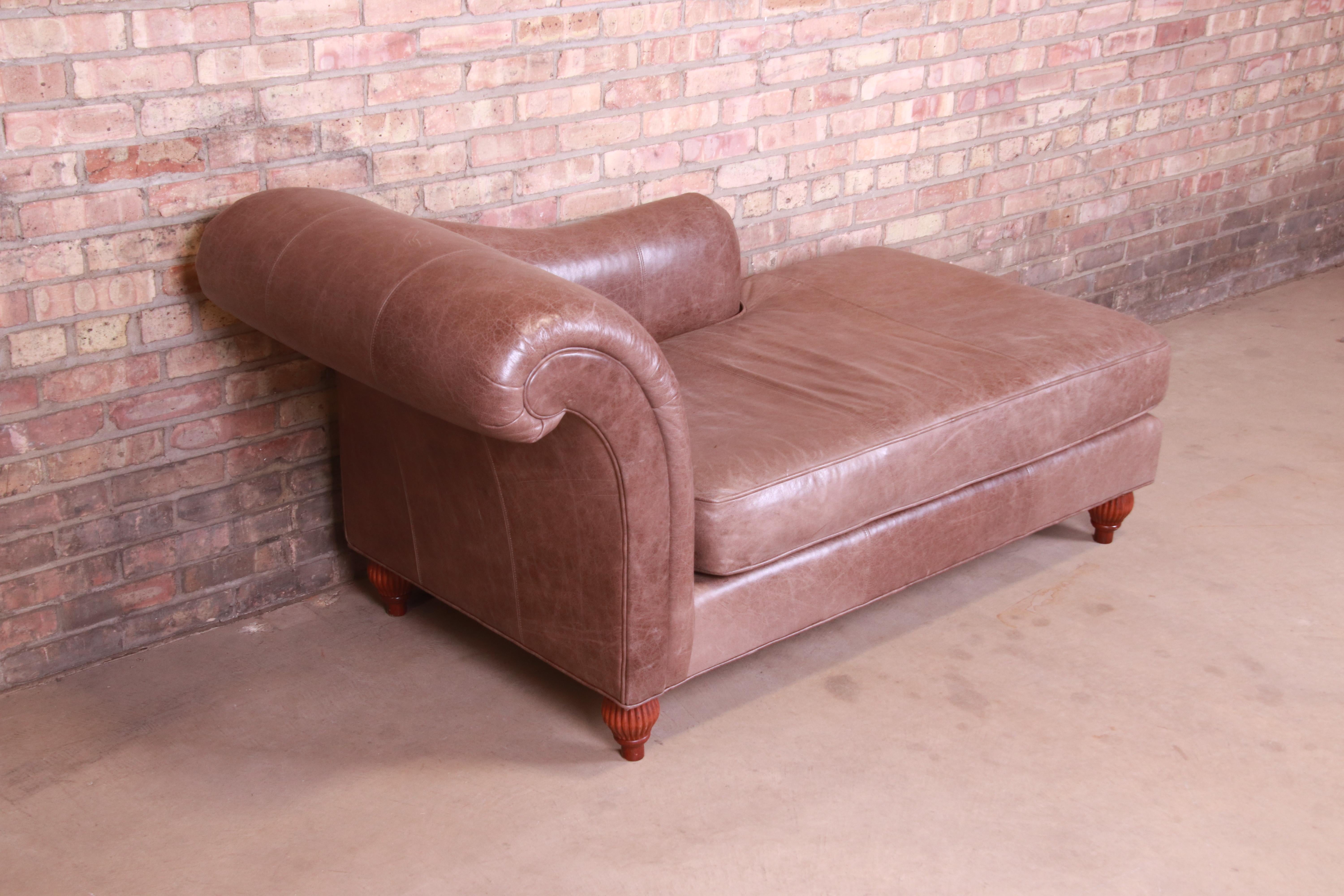 Baker Furniture French Regency Brown Leather Chaise Lounge In Good Condition In South Bend, IN