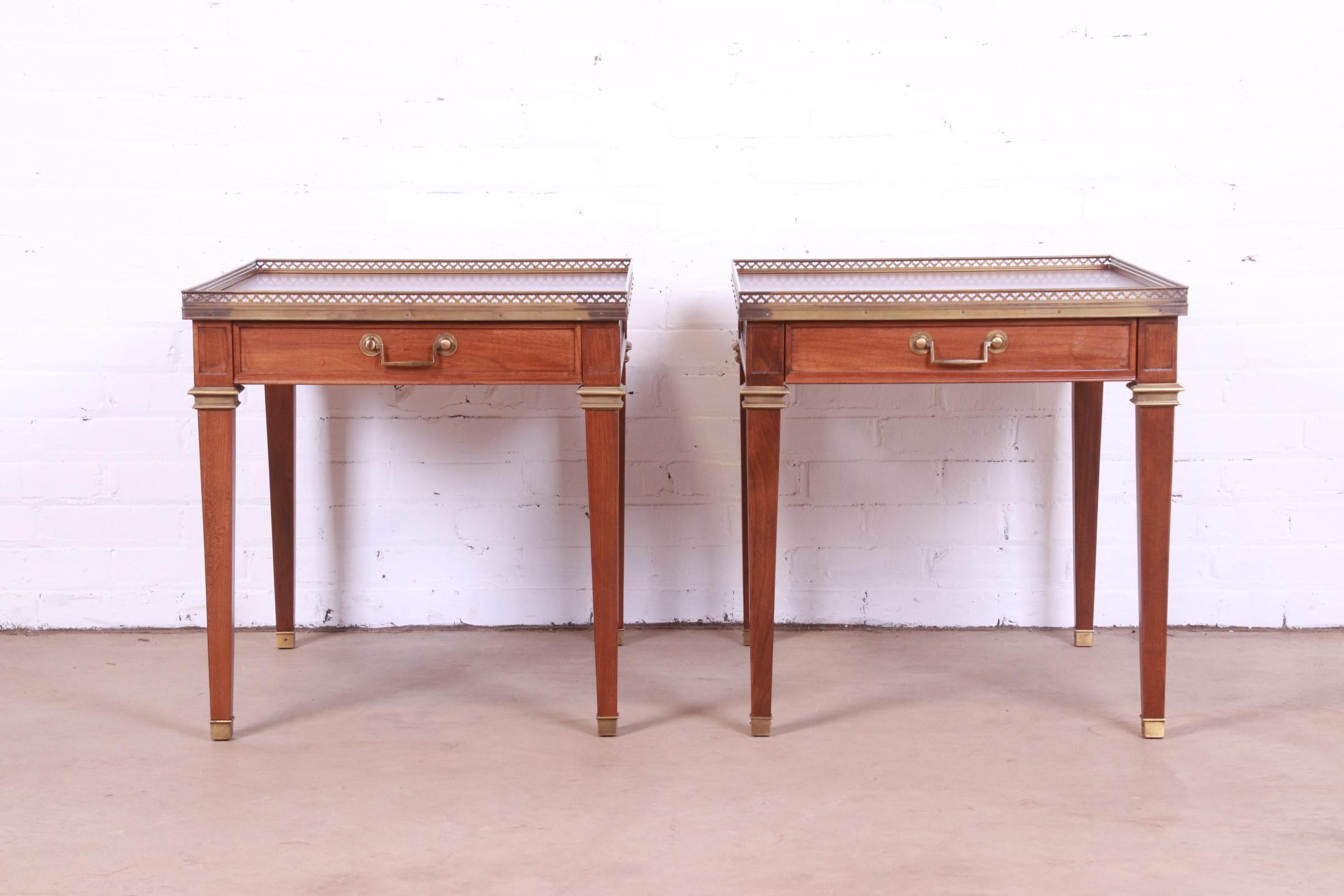 American Baker Furniture French Regency Burled Walnut and Brass Nightstands or End Tables For Sale