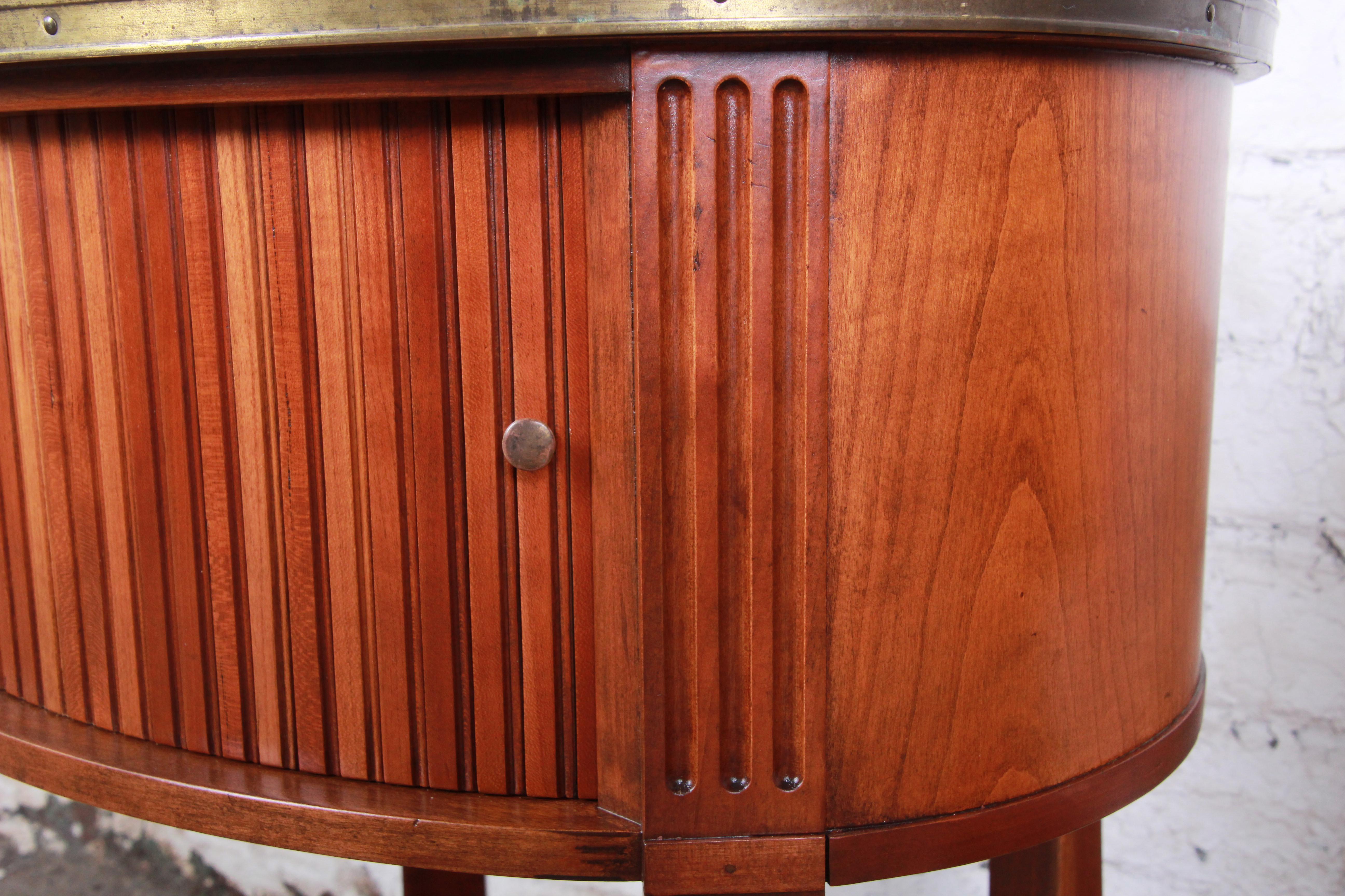 Mid-20th Century Baker Furniture French Regency Cherry and Brass Tambour Door Nightstands, Pair