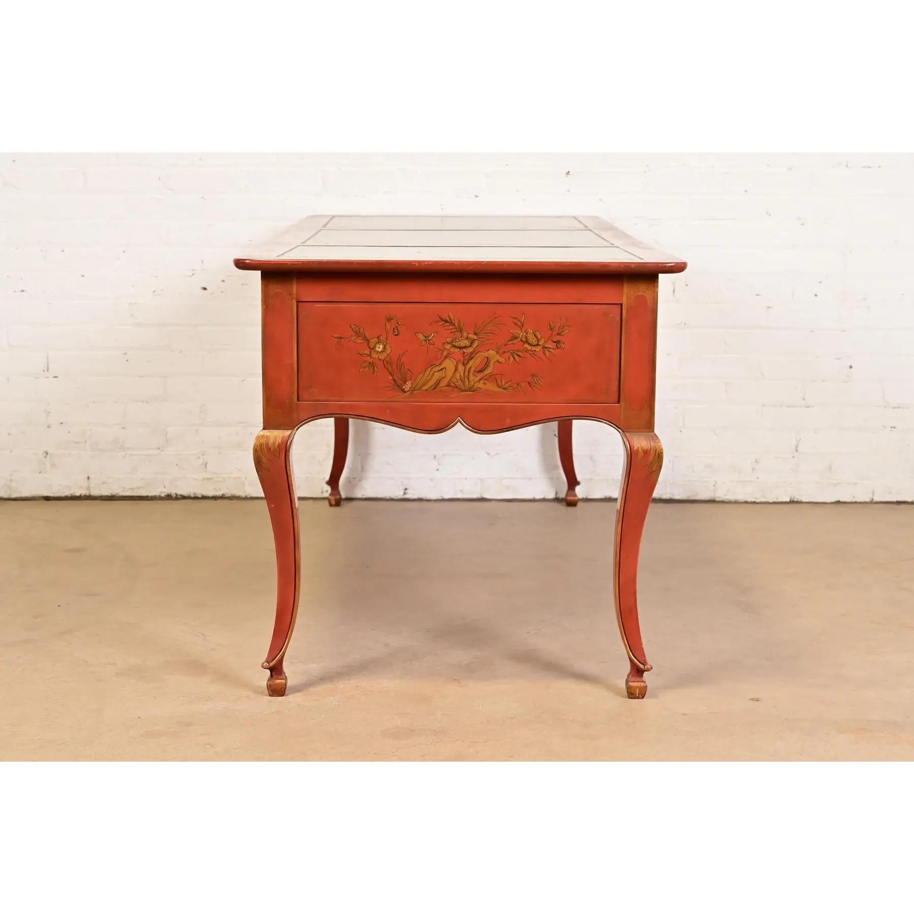 Baker Furniture French Regency Chinoiserie Red Lacquered Hand Painted Desk For Sale 6