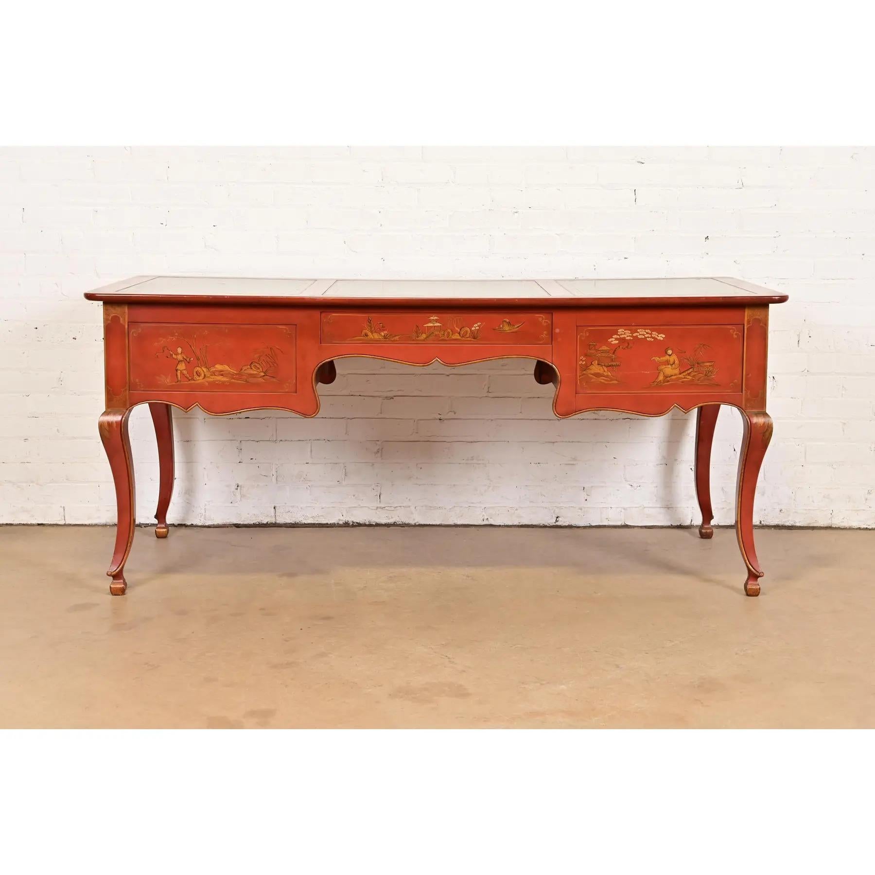 Baker Furniture French Regency Chinoiserie Red Lacquered Hand Painted Desk For Sale 7