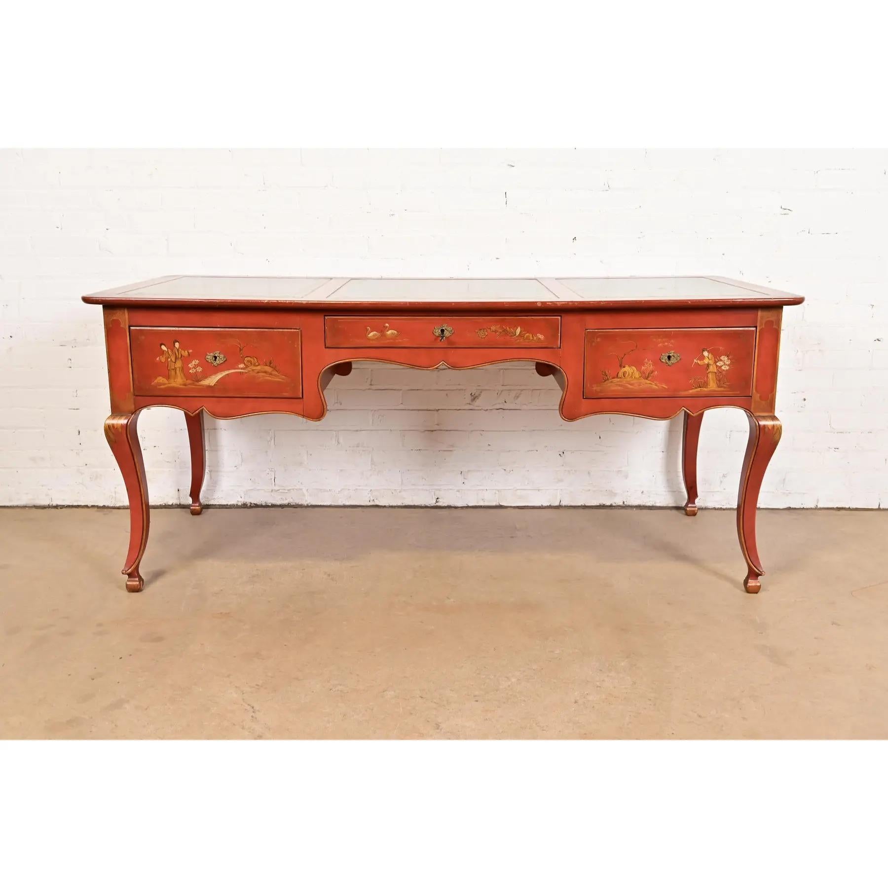American Baker Furniture French Regency Chinoiserie Red Lacquered Hand Painted Desk For Sale