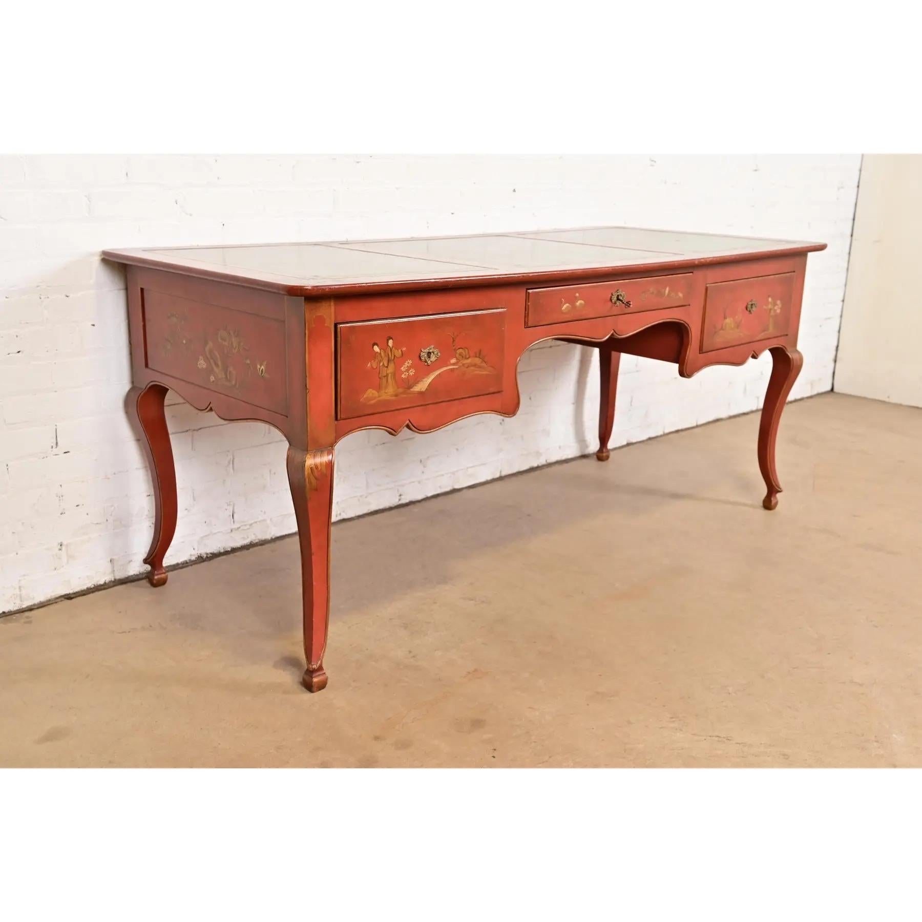 Baker Furniture French Regency Chinoiserie Red Lacquered Hand Painted Desk In Good Condition For Sale In South Bend, IN