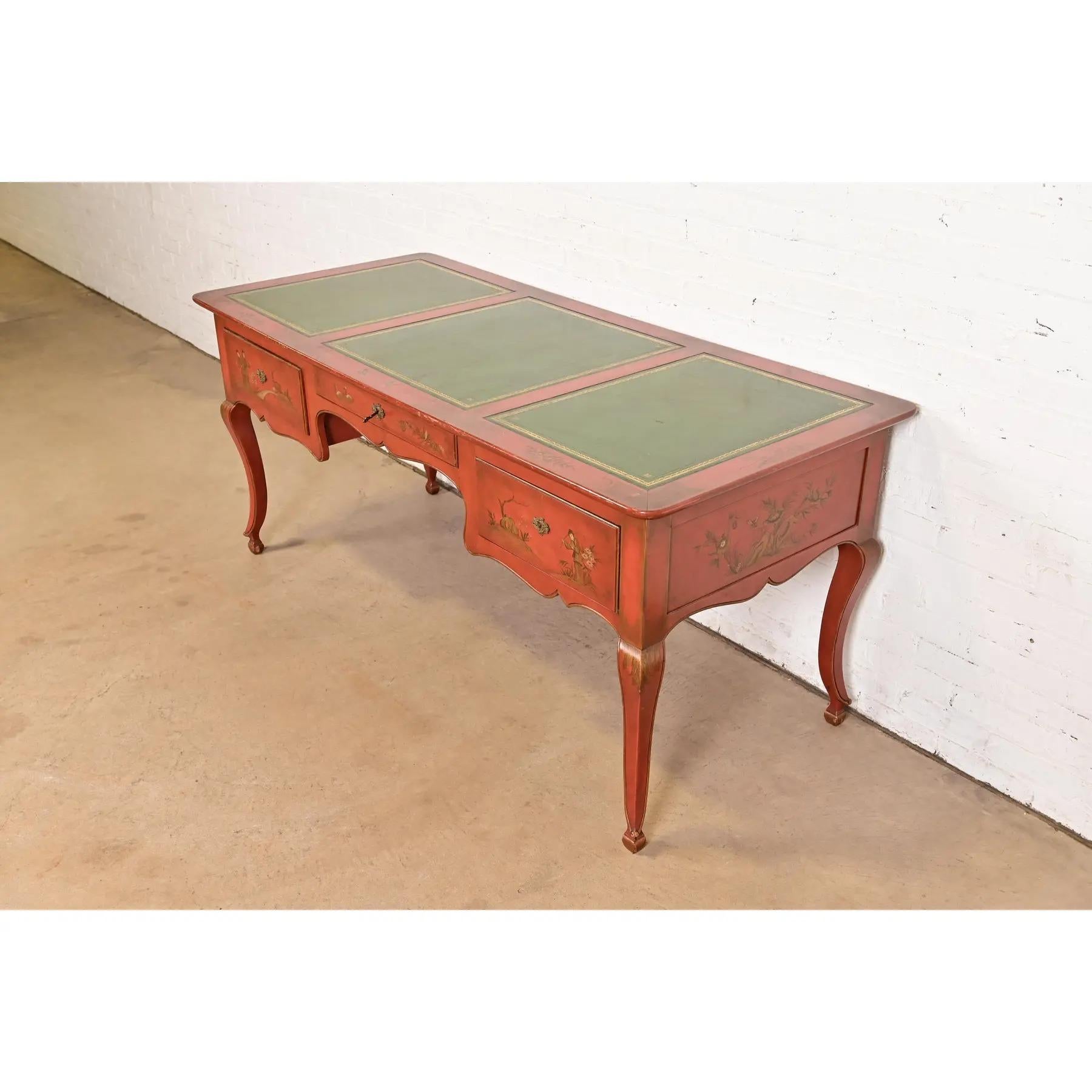 Mid-20th Century Baker Furniture French Regency Chinoiserie Red Lacquered Hand Painted Desk For Sale