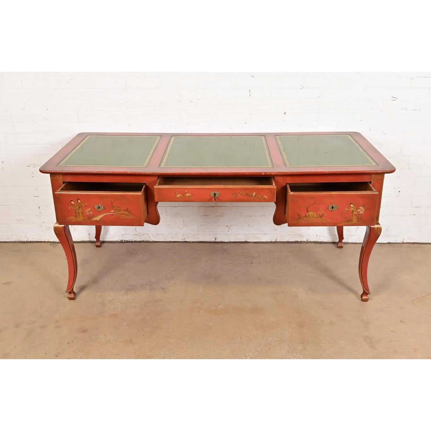Brass Baker Furniture French Regency Chinoiserie Red Lacquered Hand Painted Desk For Sale