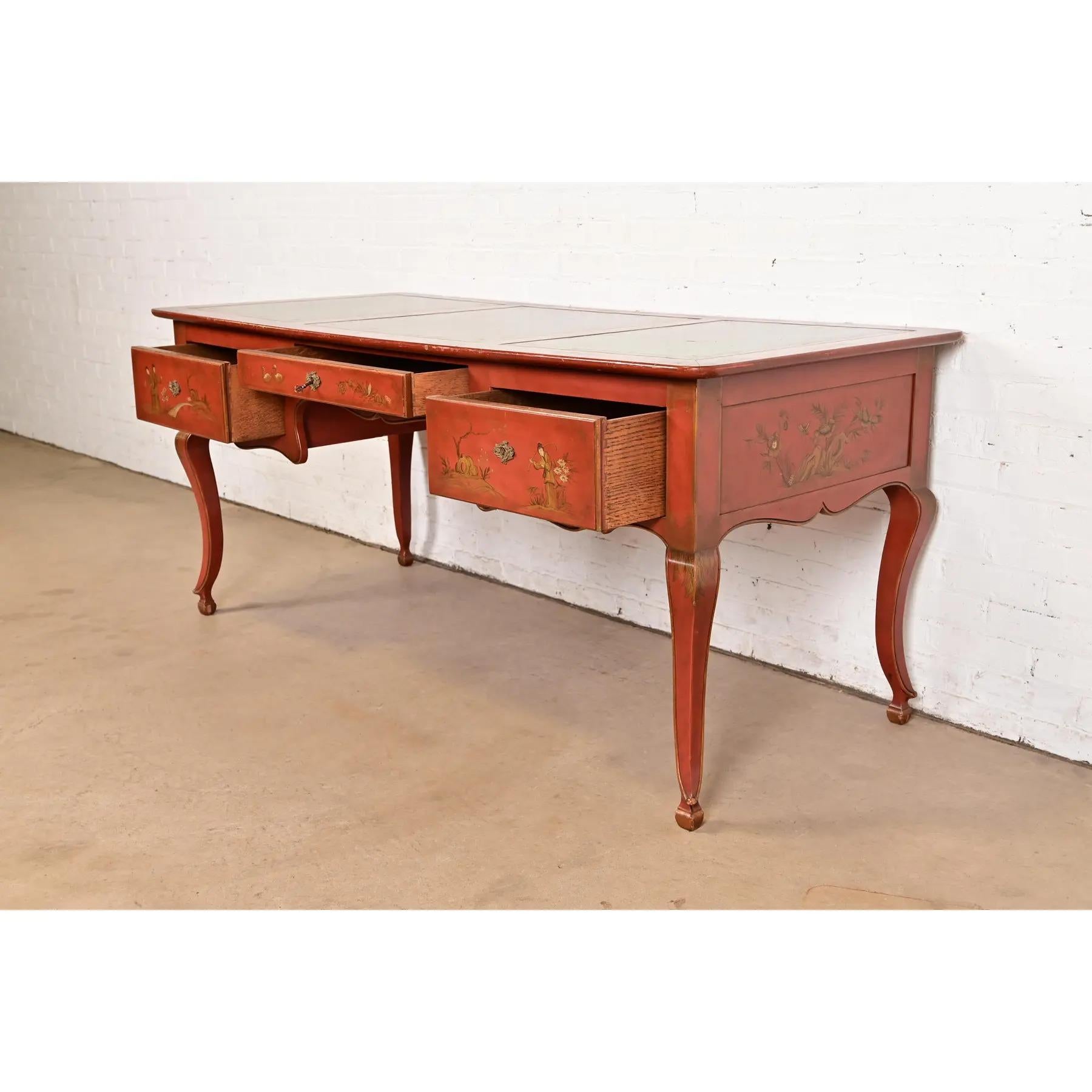 Baker Furniture French Regency Chinoiserie Red Lacquered Hand Painted Desk For Sale 1