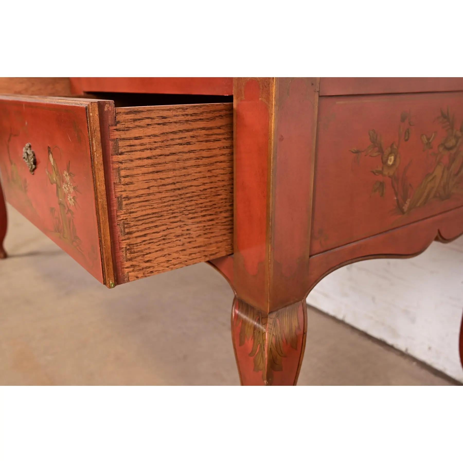 Baker Furniture French Regency Chinoiserie Red Lacquered Hand Painted Desk For Sale 2