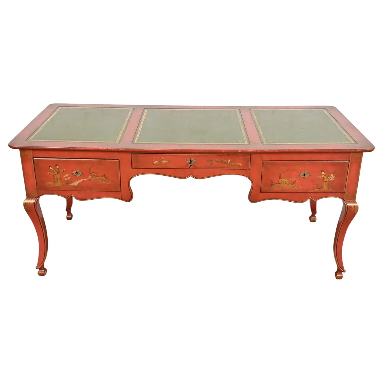 Baker Furniture French Regency Chinoiserie Red Lacquered Hand Painted Desk For Sale