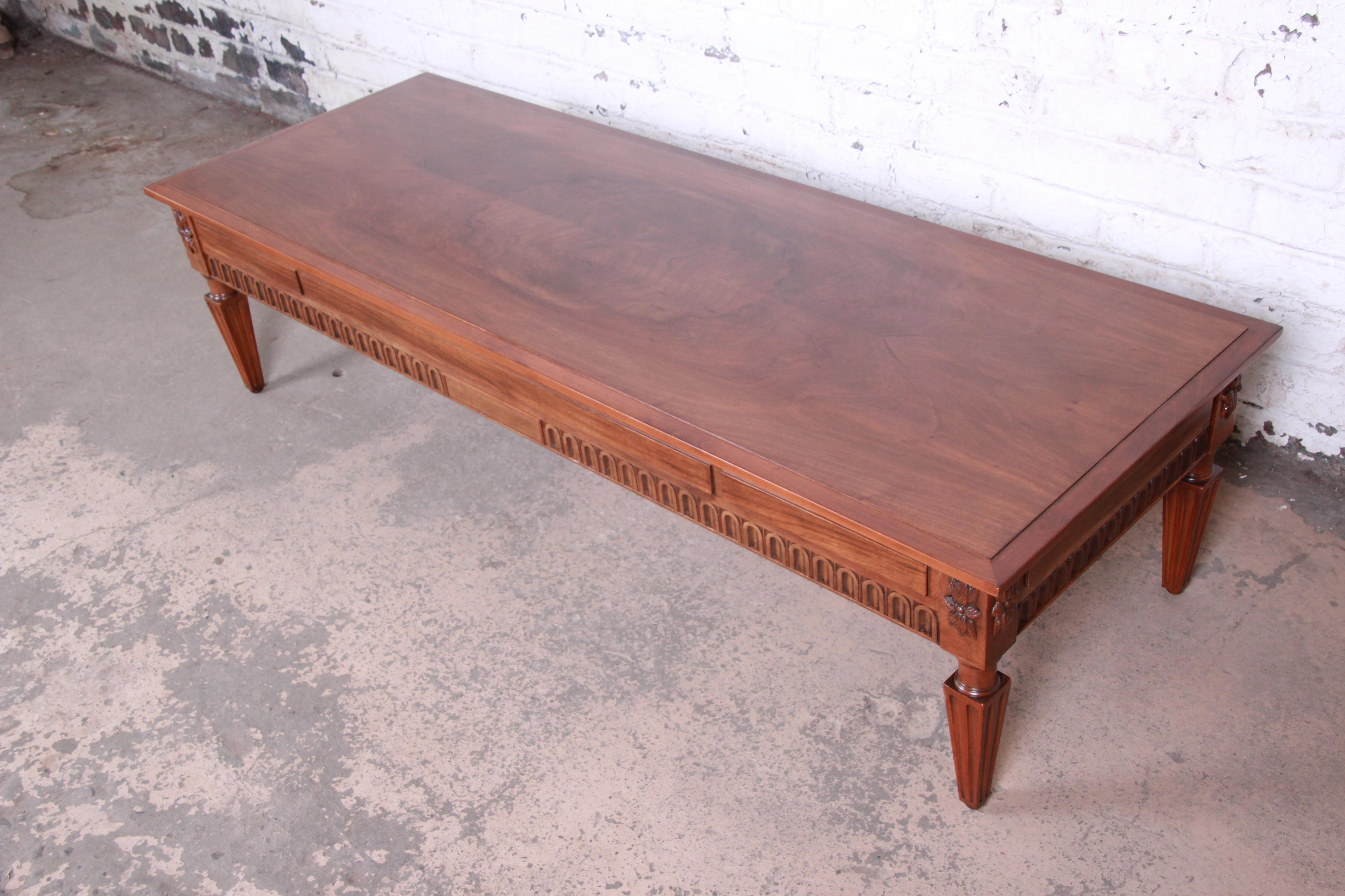 Louis XVI Baker Furniture French Regency Large Burled Walnut Coffee Table, Newly Restored