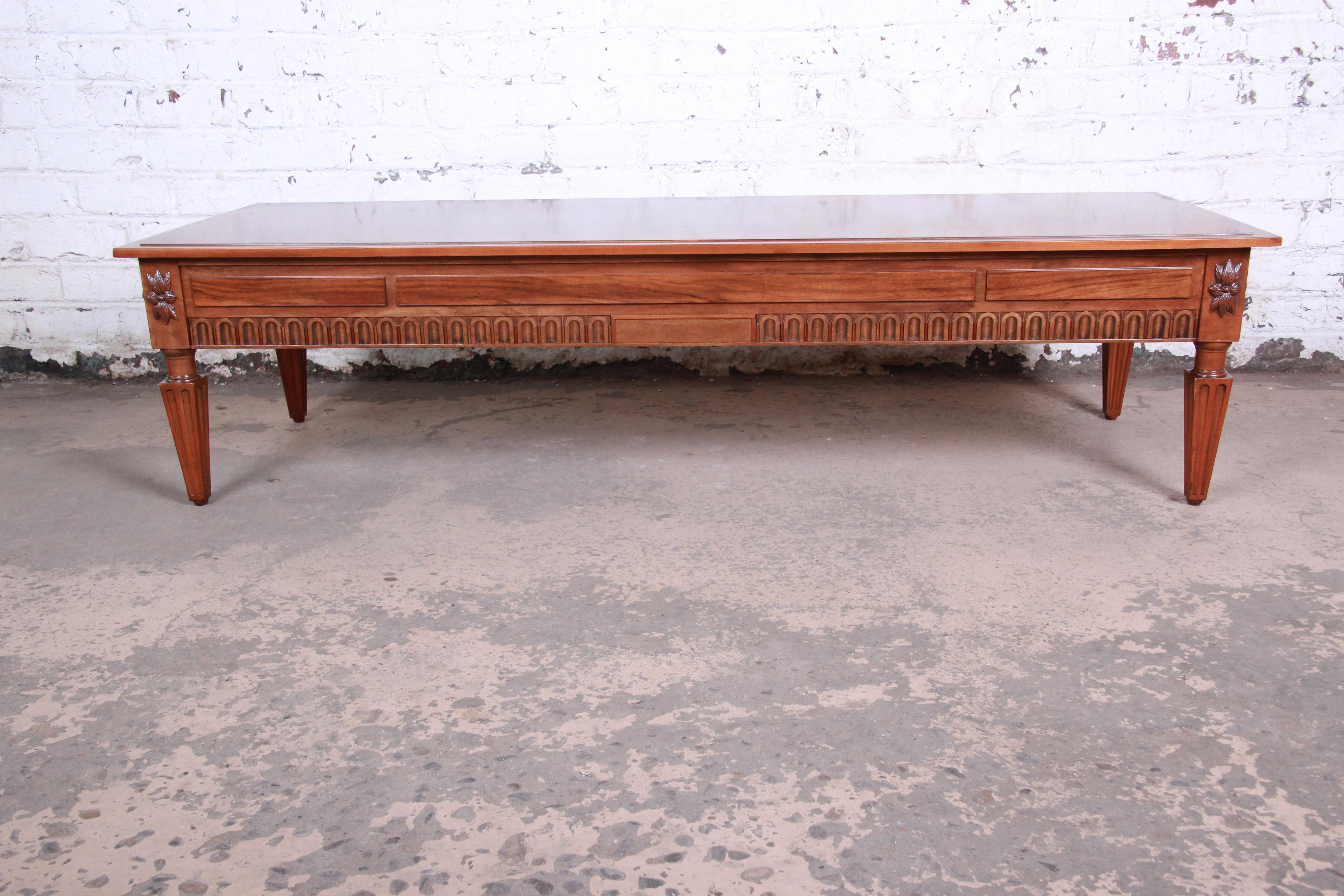 American Baker Furniture French Regency Large Burled Walnut Coffee Table, Newly Restored