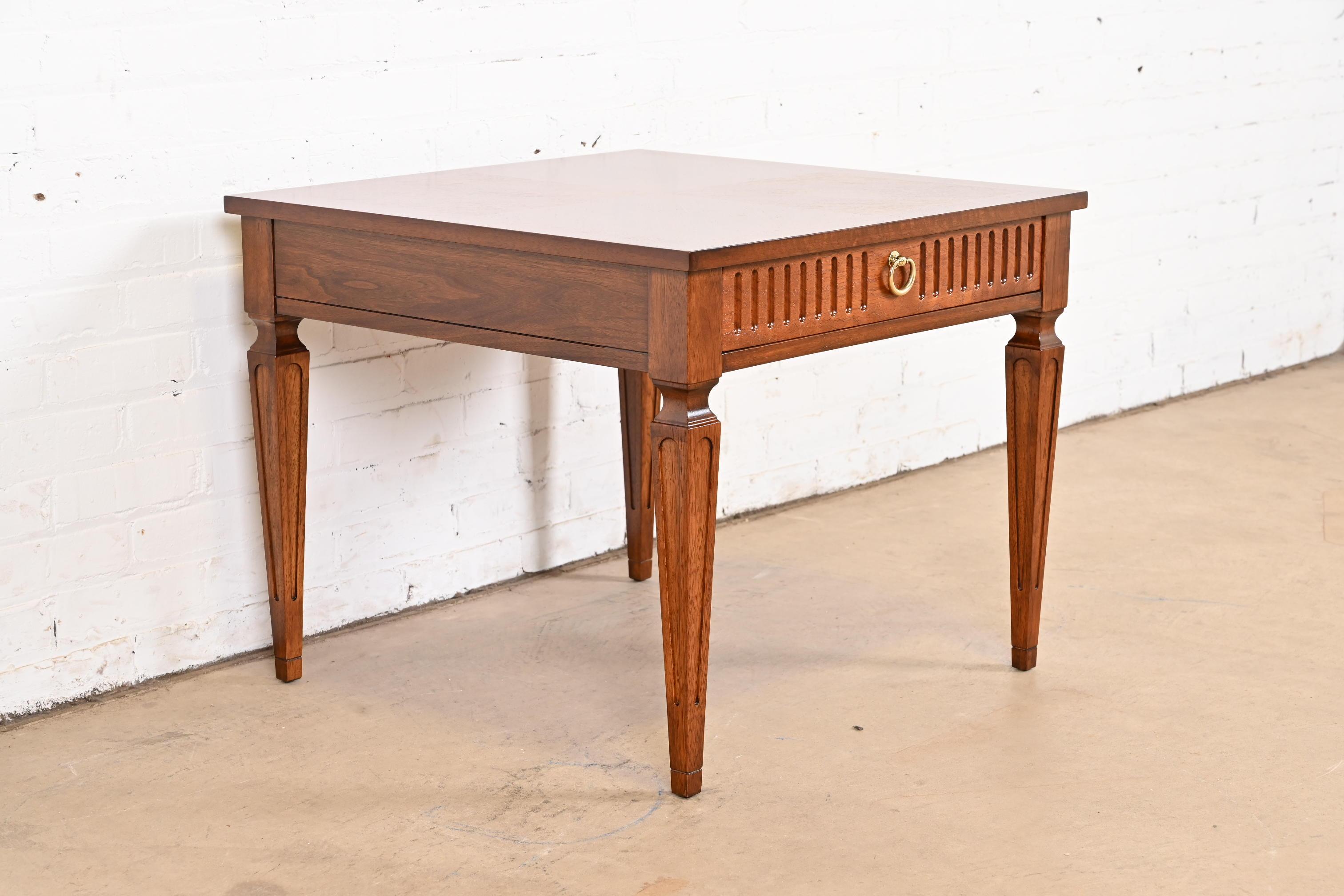 Brass Baker Furniture French Regency Louis XVI Carved Walnut Tea Table, Refinished For Sale