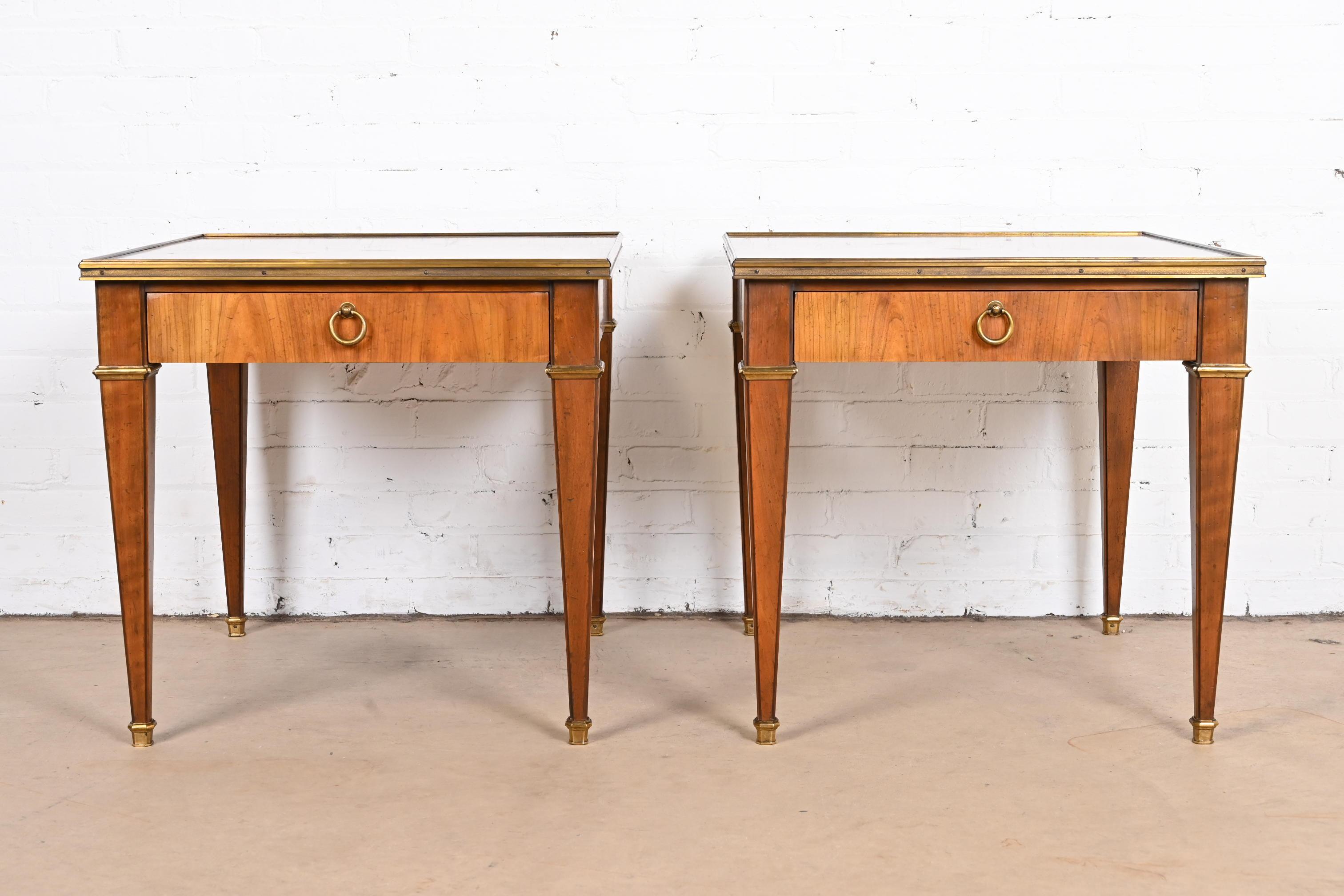 Mid-20th Century Baker Furniture French Regency Louis XVI Cherry and Burl Wood Nightstands, Pair For Sale
