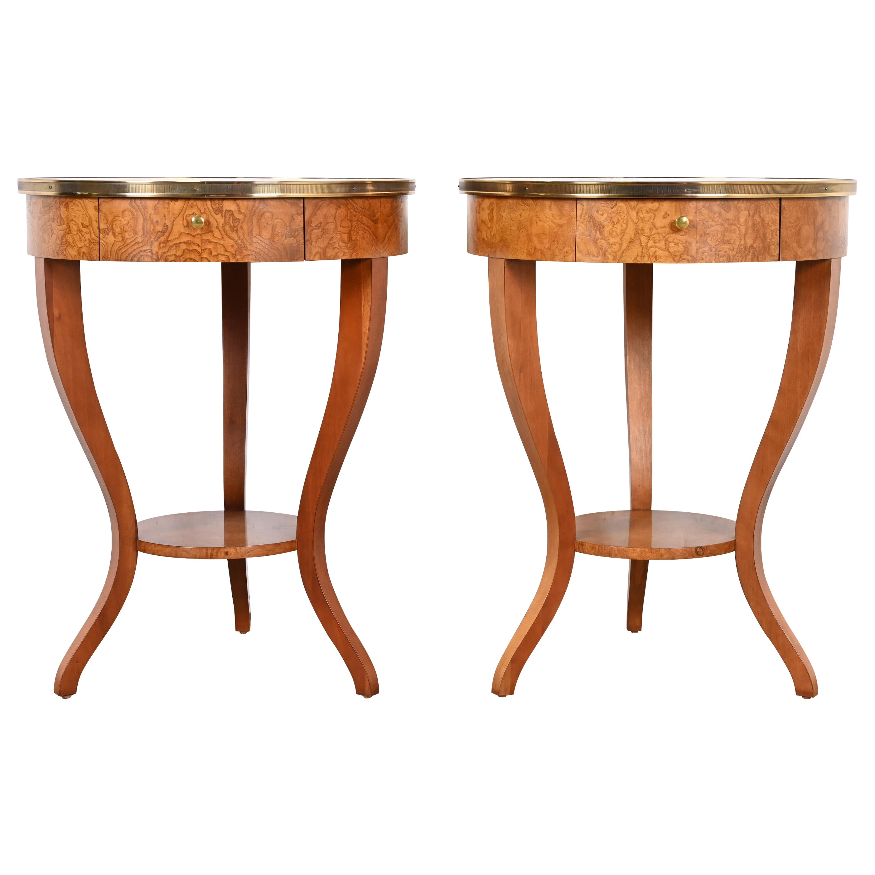 Baker Furniture French Regency Louis XVI Cherry, Burl, and Brass Bedside Tables