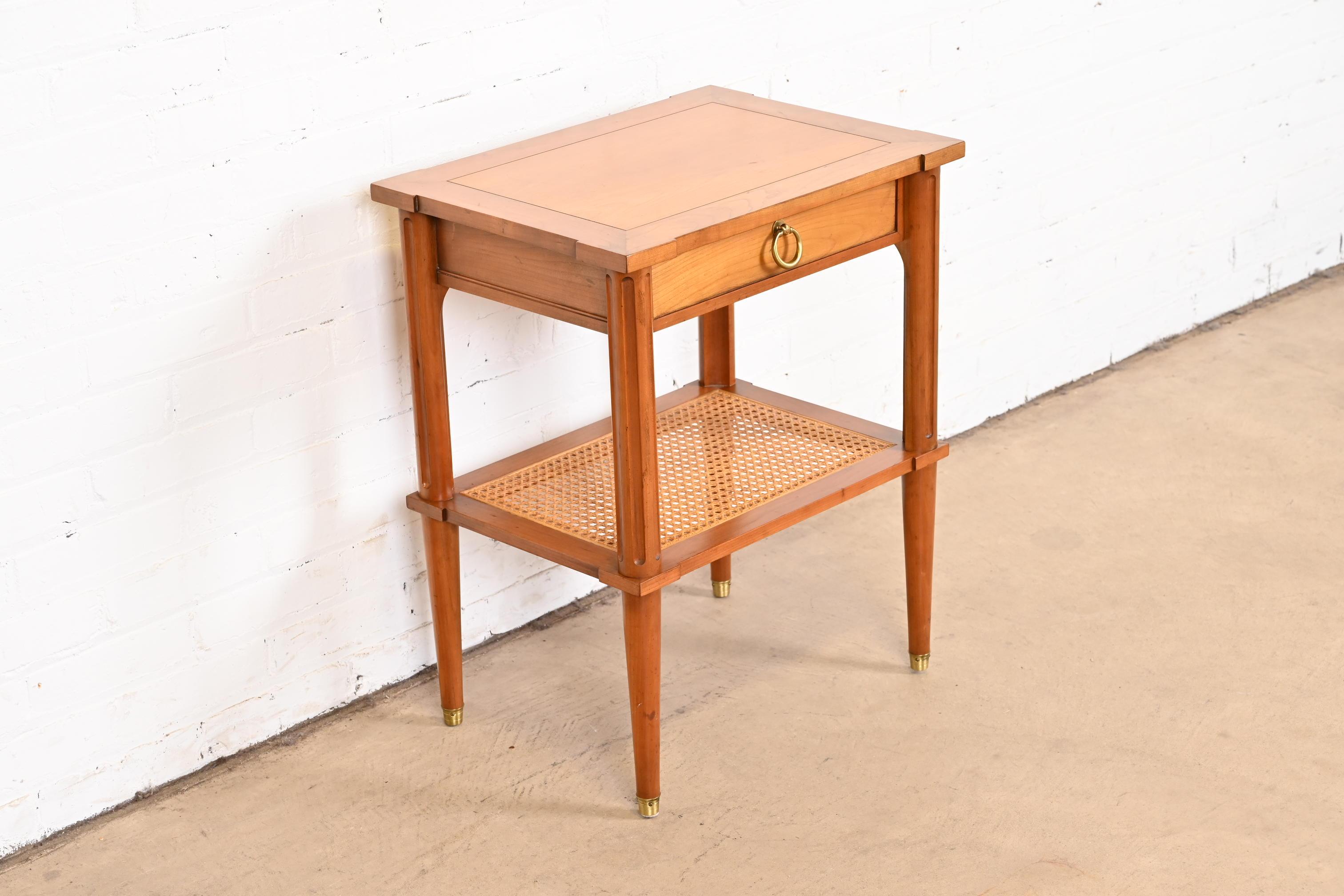 Brass Baker Furniture French Regency Louis XVI Cherry Wood and Cane Bedside Table