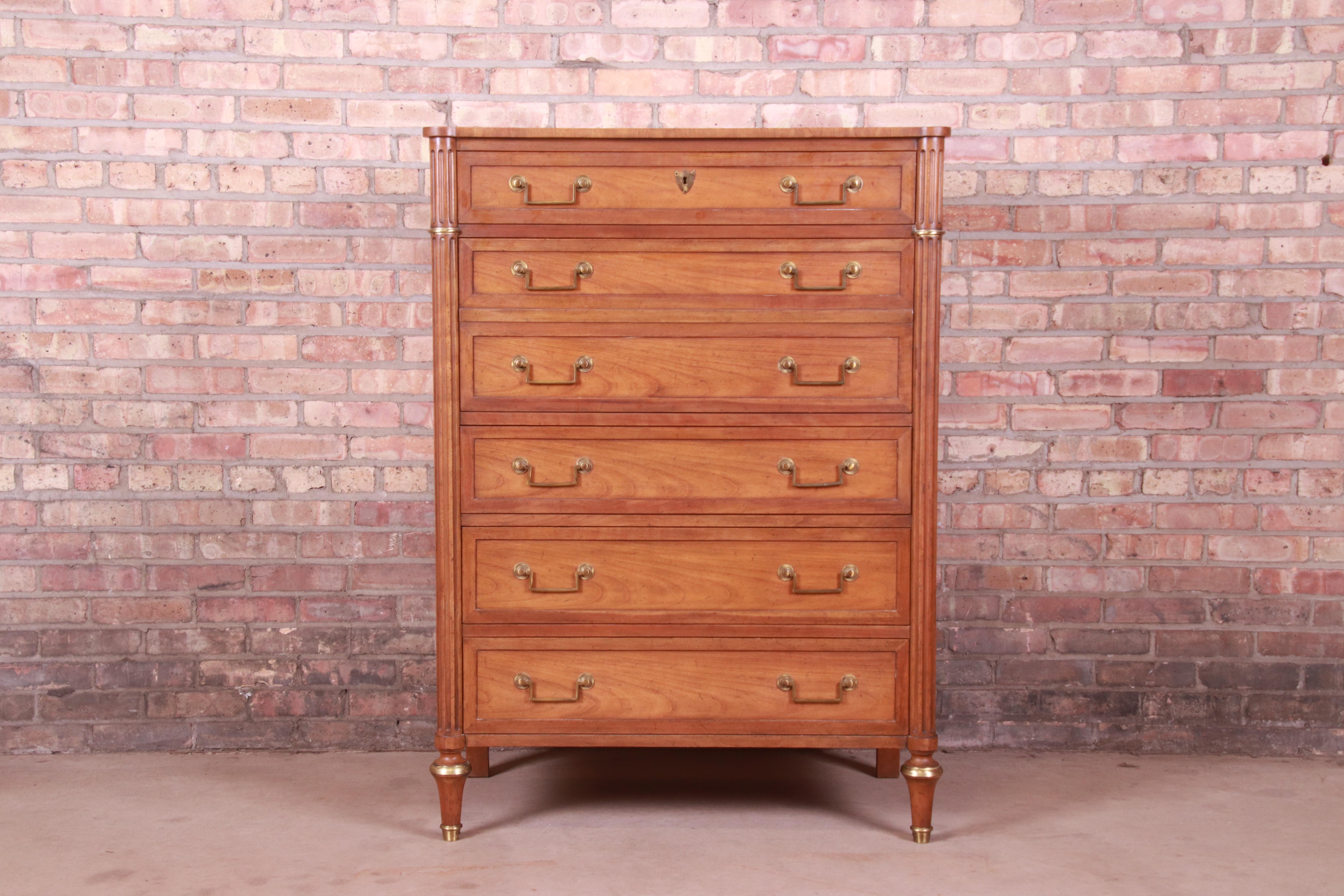 American Baker Furniture French Regency Louis XVI Cherry Wood Highboy Dresser, 1960s