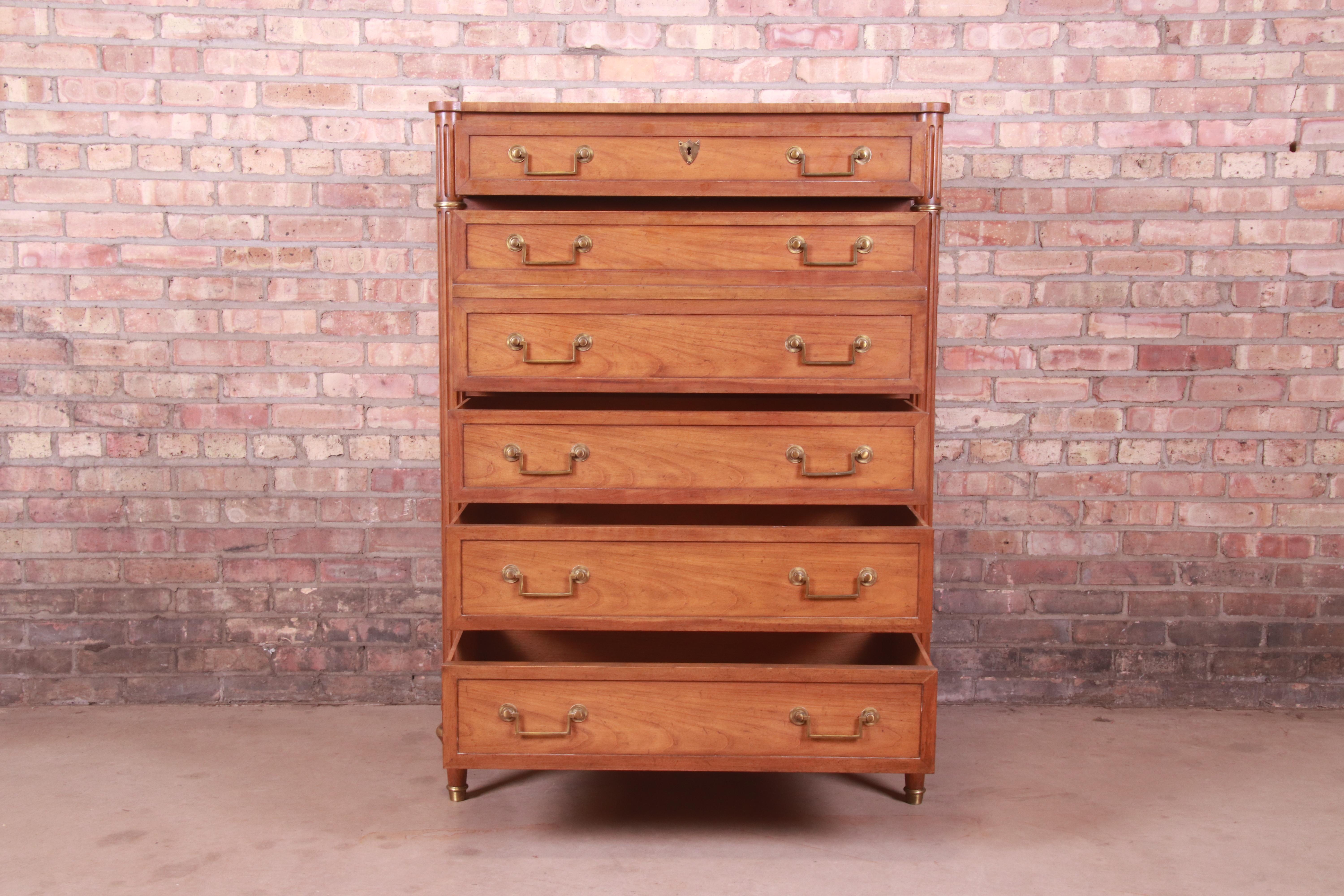 Brass Baker Furniture French Regency Louis XVI Cherry Wood Highboy Dresser, 1960s