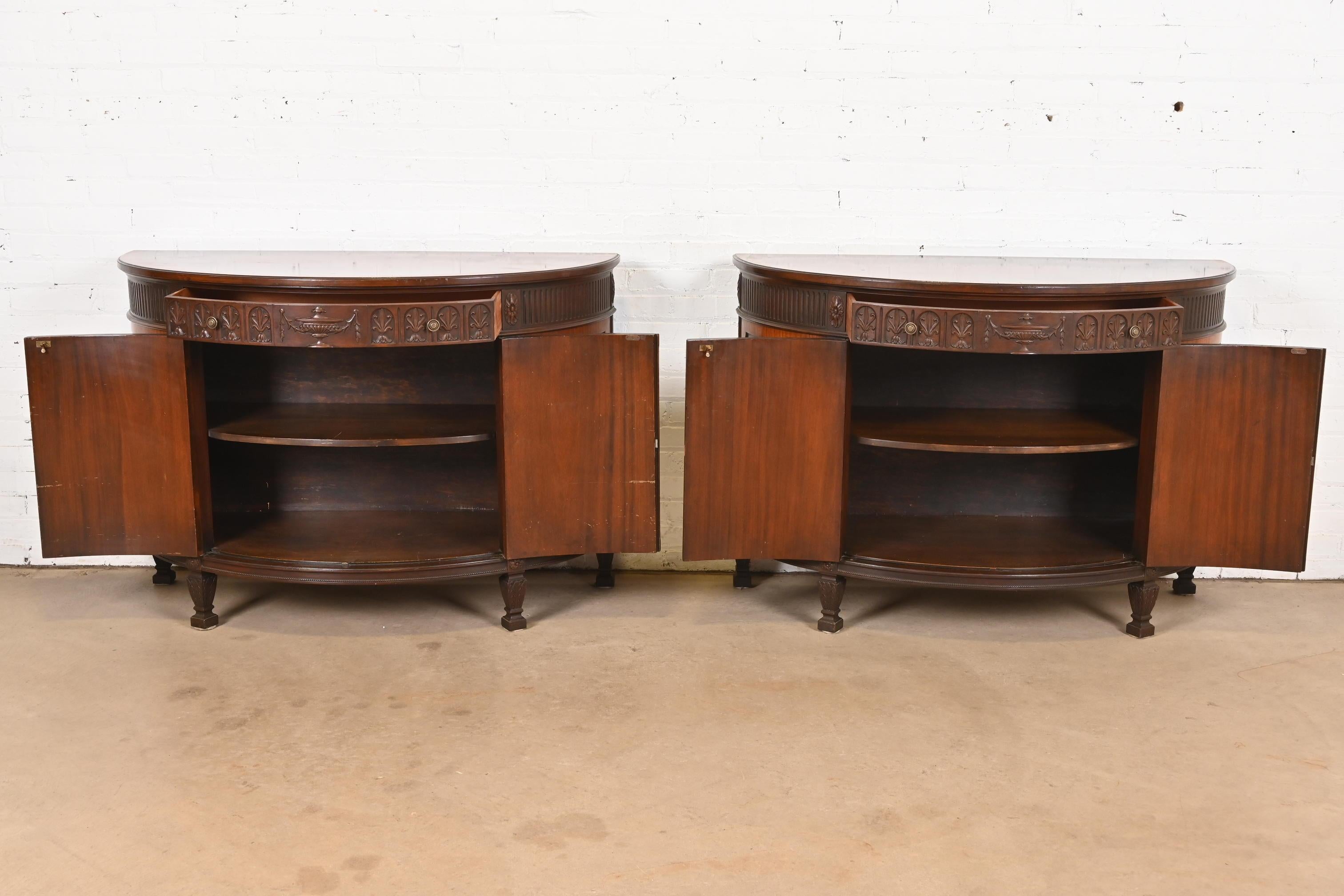 Brass Baker Furniture French Regency Louis XVI Mahogany Demilune Console Tables For Sale