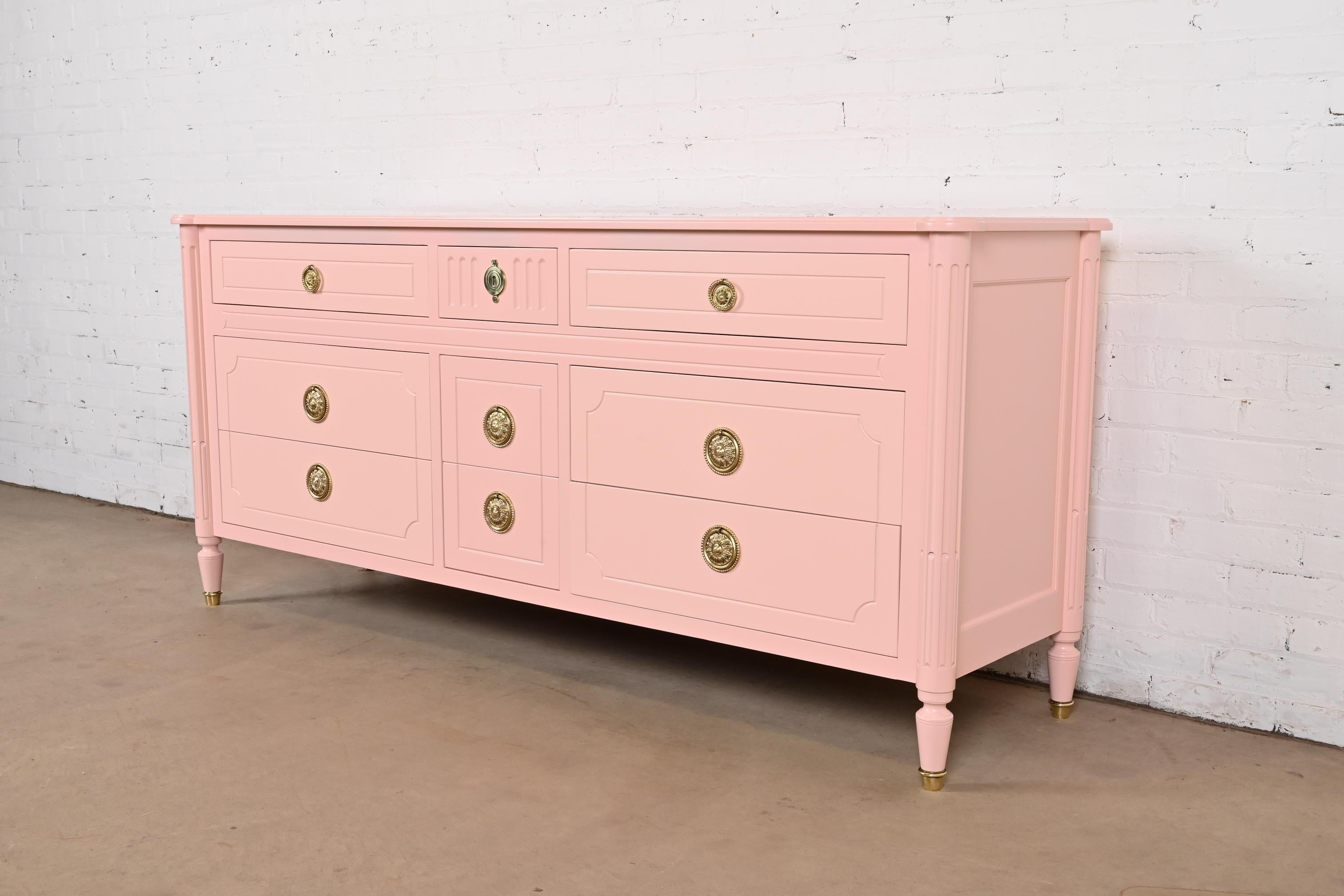 Baker Furniture French Regency Louis XVI Pink Lacquered Dresser, Refinished In Good Condition For Sale In South Bend, IN