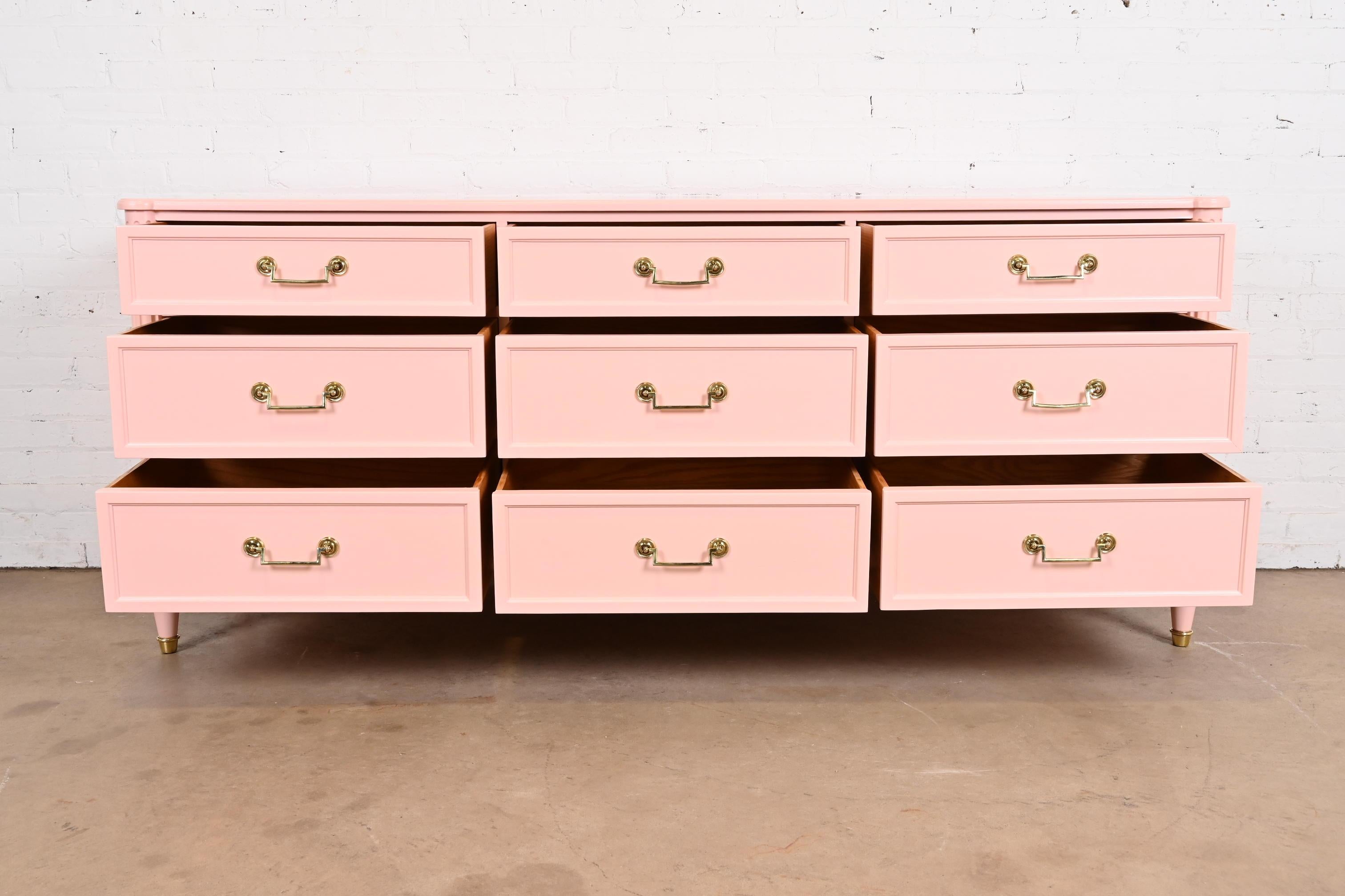 Brass Baker Furniture French Regency Louis XVI Pink Lacquered Dresser, Refinished