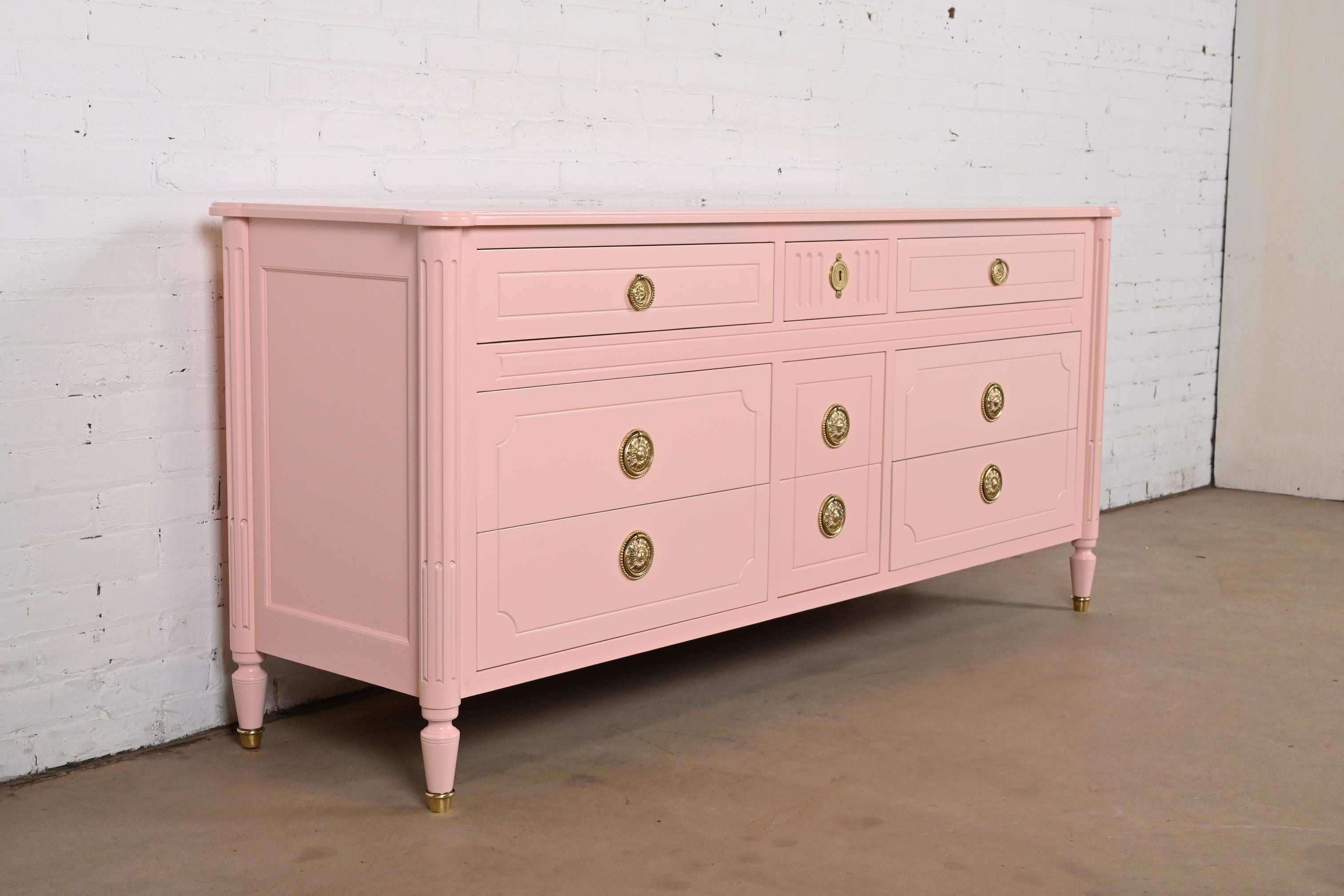 Brass Baker Furniture French Regency Louis XVI Pink Lacquered Dresser, Refinished For Sale