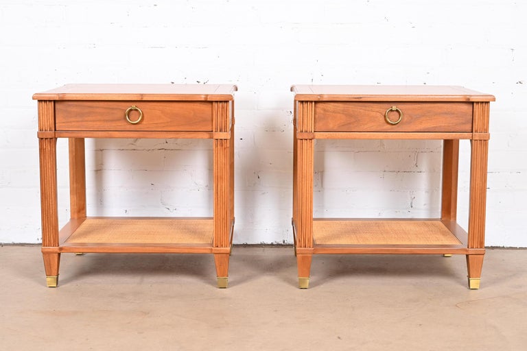 American Baker Furniture French Regency Louis XVI Walnut and Cane Nightstands, Pair For Sale