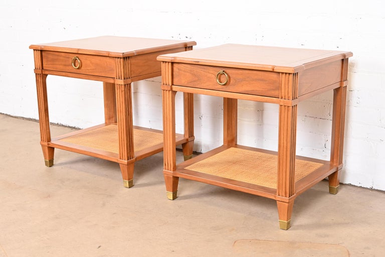20th Century Baker Furniture French Regency Louis XVI Walnut and Cane Nightstands, Pair For Sale