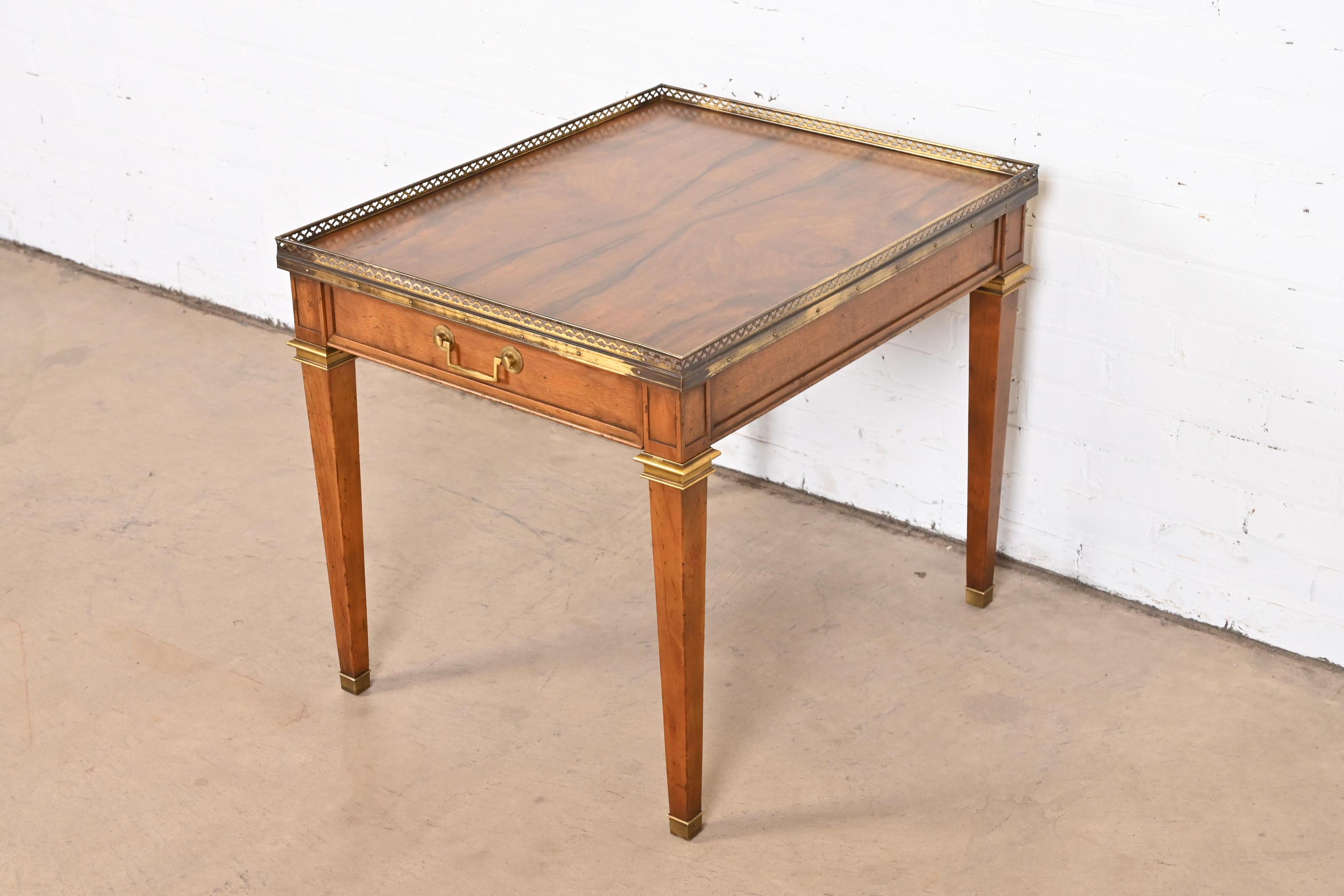 Baker Furniture French Regency Louis XVI Walnut, Burl Wood, and Brass Tea Table In Good Condition For Sale In South Bend, IN