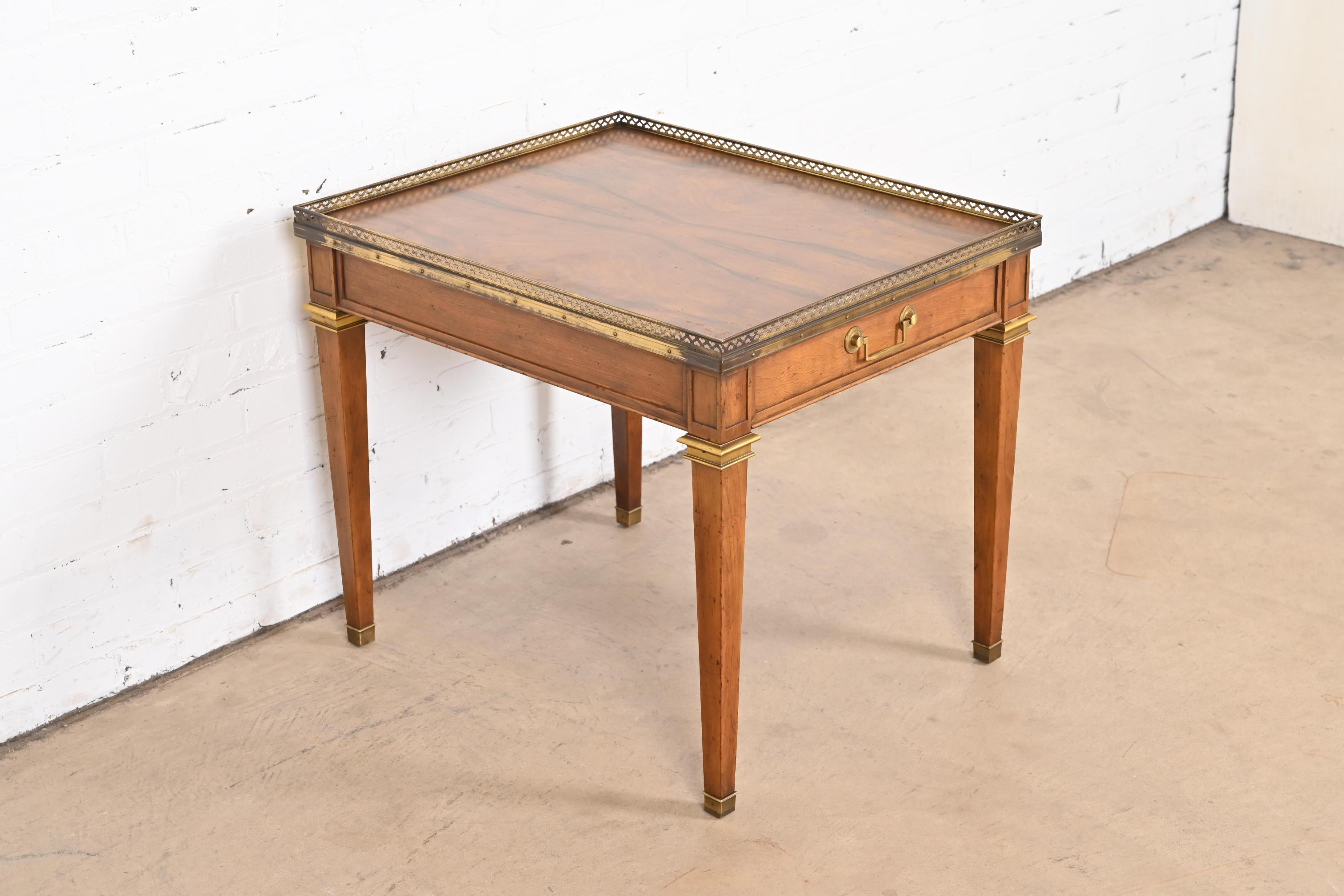 Baker Furniture French Regency Louis XVI Walnut, Burl Wood, and Brass Tea Table For Sale 1