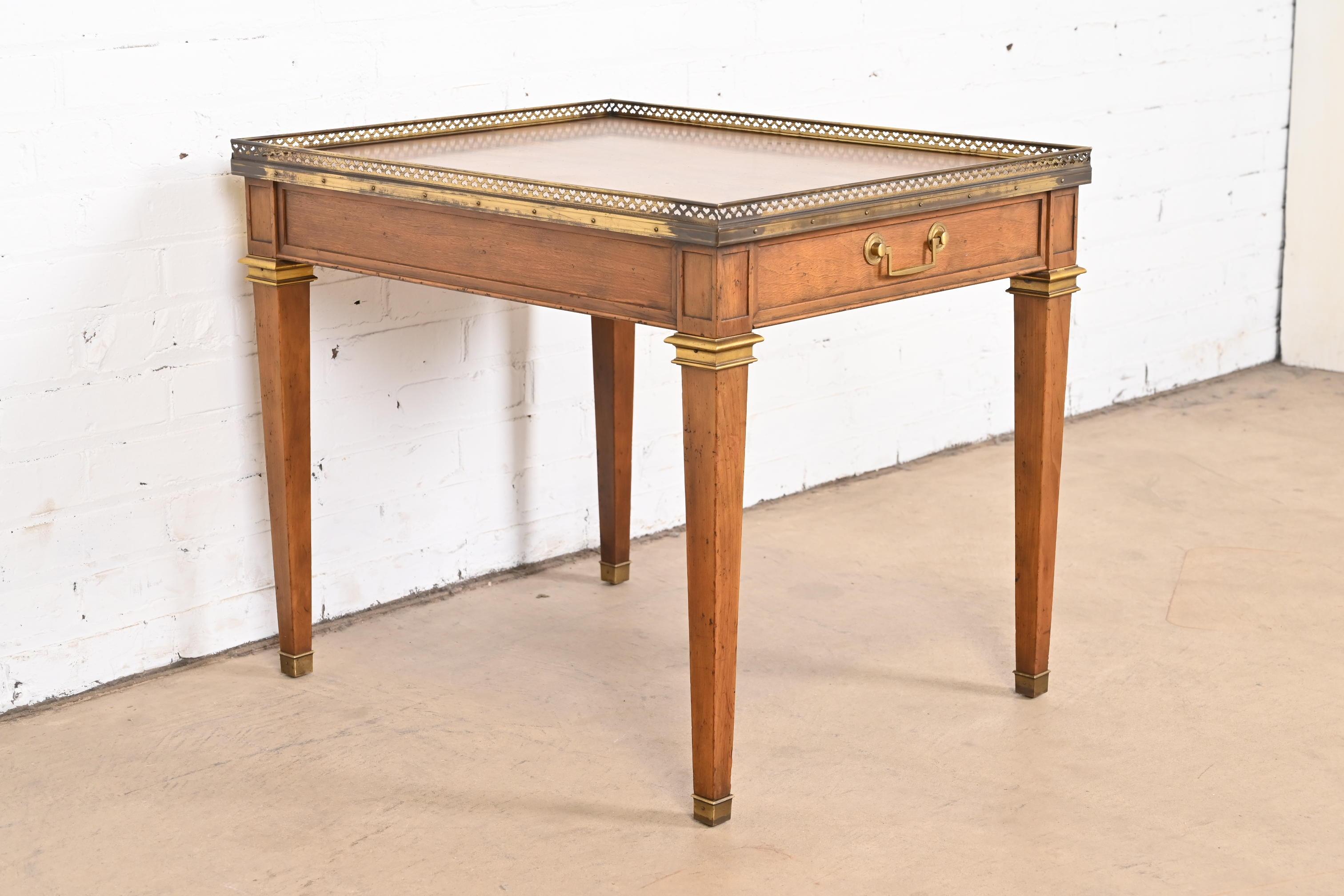 Baker Furniture French Regency Louis XVI Walnut, Burl Wood, and Brass Tea Table For Sale 2