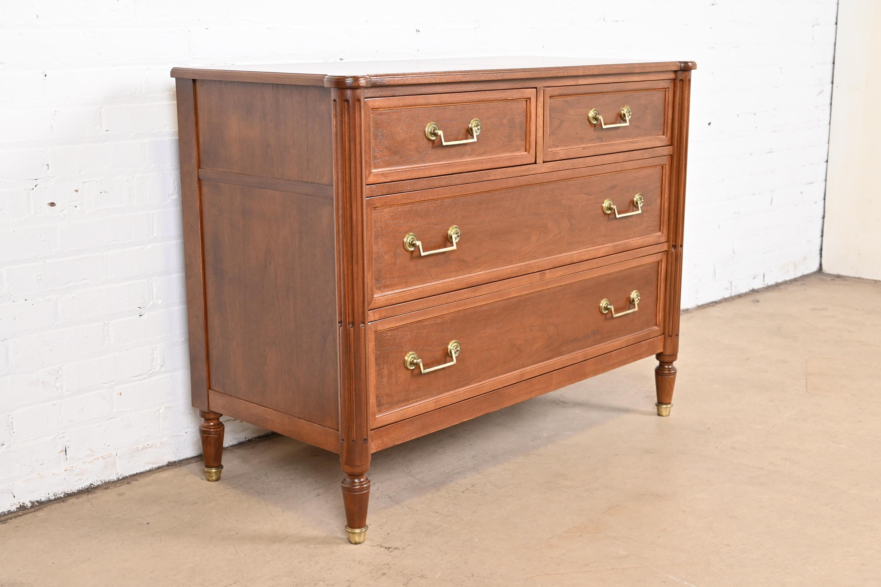 Brass Baker Furniture French Regency Louis XVI Walnut Chest of Drawers, Refinished