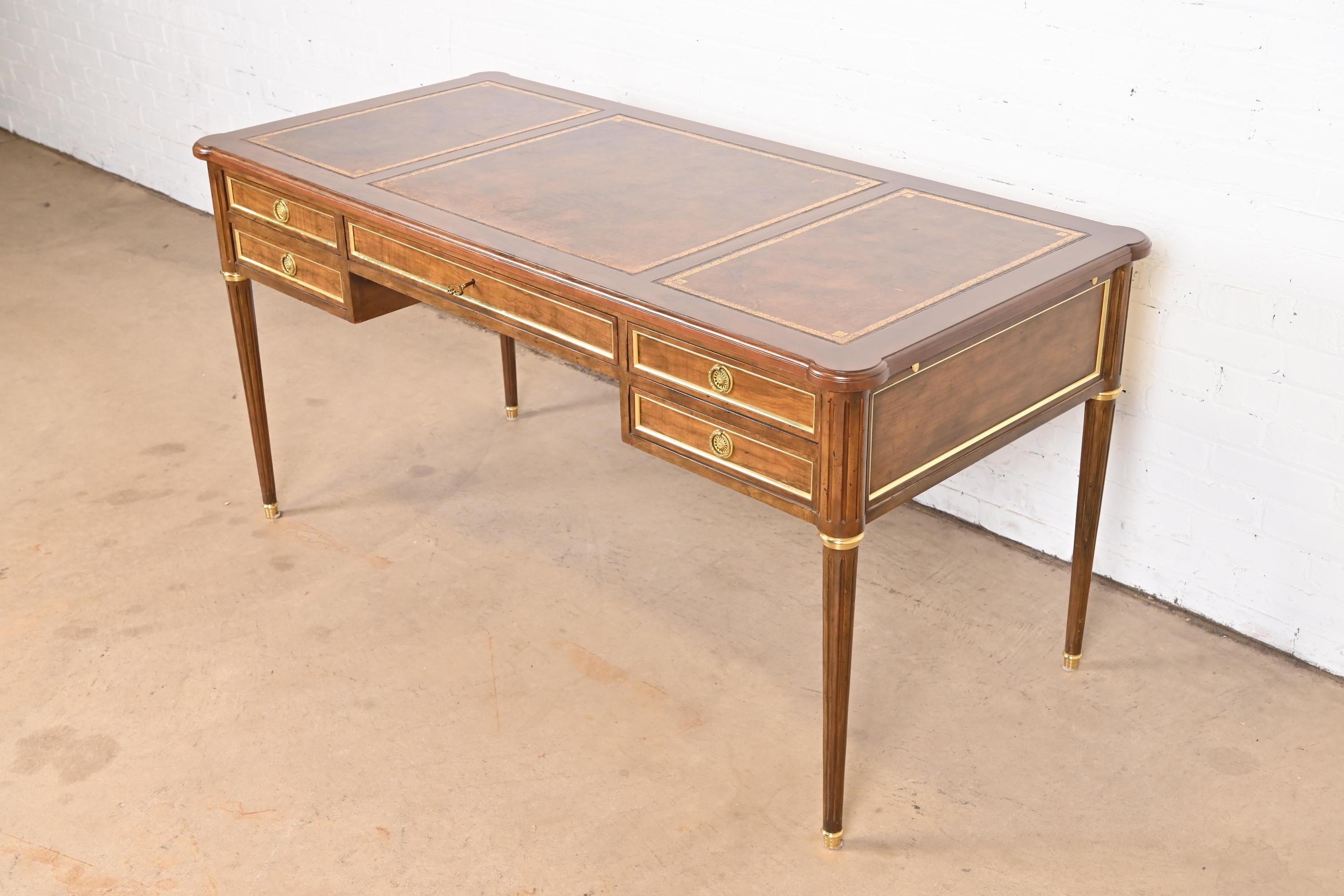 Baker Furniture French Regency Louis XVI Walnut Leather Top Bureau Plat Desk In Good Condition In South Bend, IN