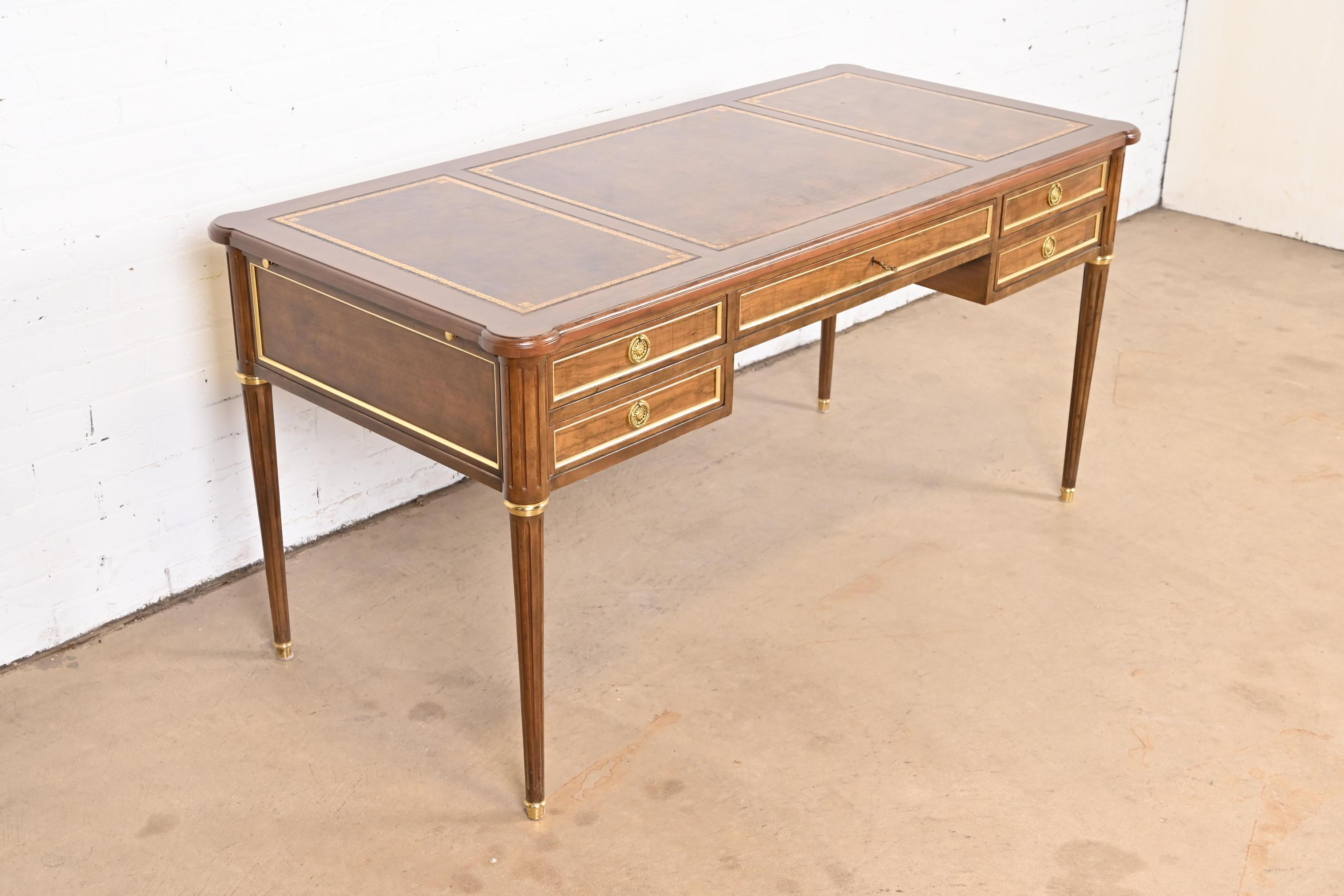 Brass Baker Furniture French Regency Louis XVI Walnut Leather Top Bureau Plat Desk