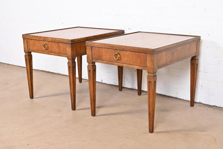 20th Century Baker Furniture French Regency Louis XVI Walnut Nightstands or End Tables, Pair For Sale